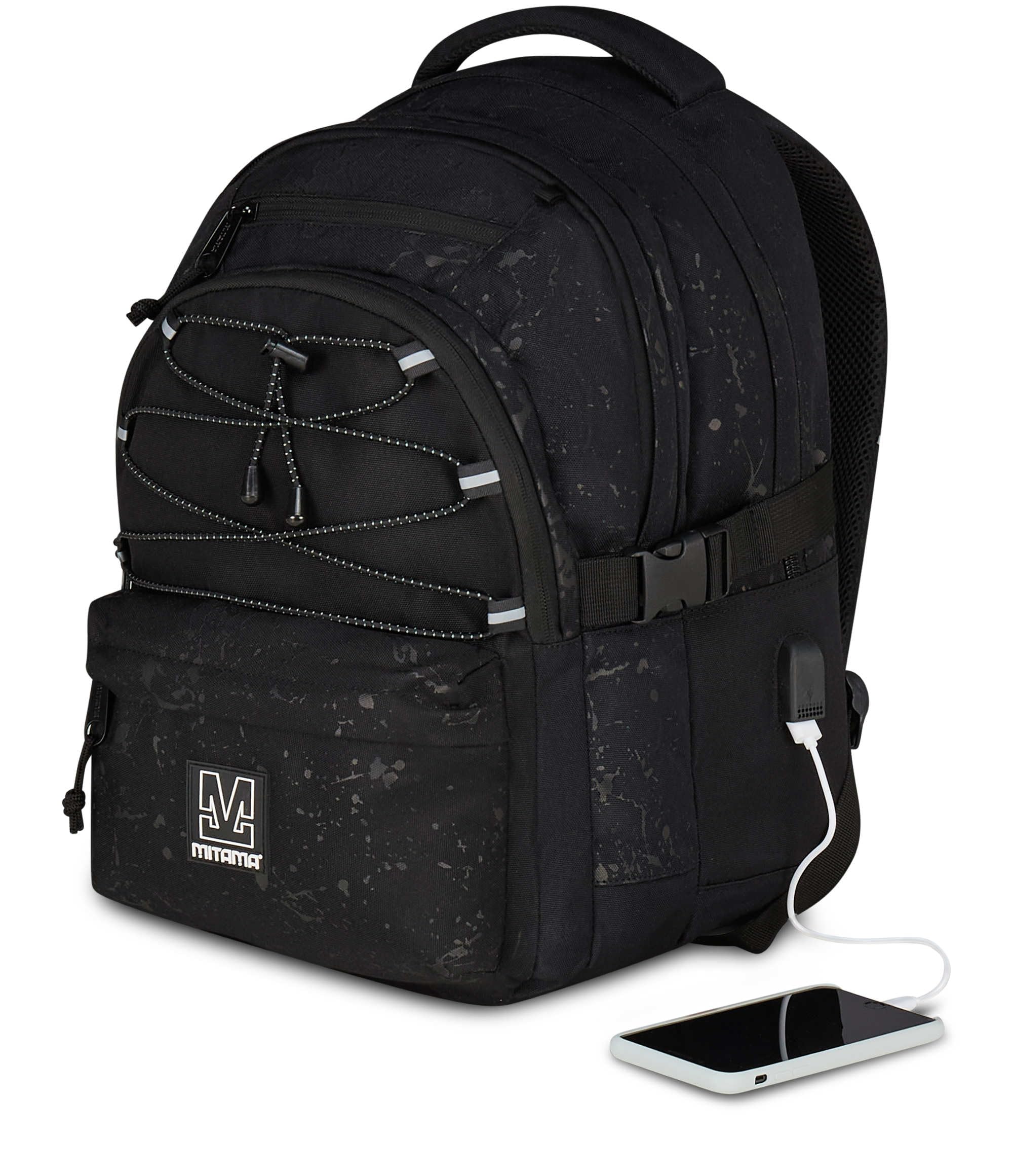 Mitama Zaino Scuola #BDBF BLACK SPLASH, Nero, Zaino Triplo Scomparto, Tasca Porta Borraccia, Porta USB Integrata, Larghezza Regolabile, Zaino Scuola Media e Superiore, Ragazza