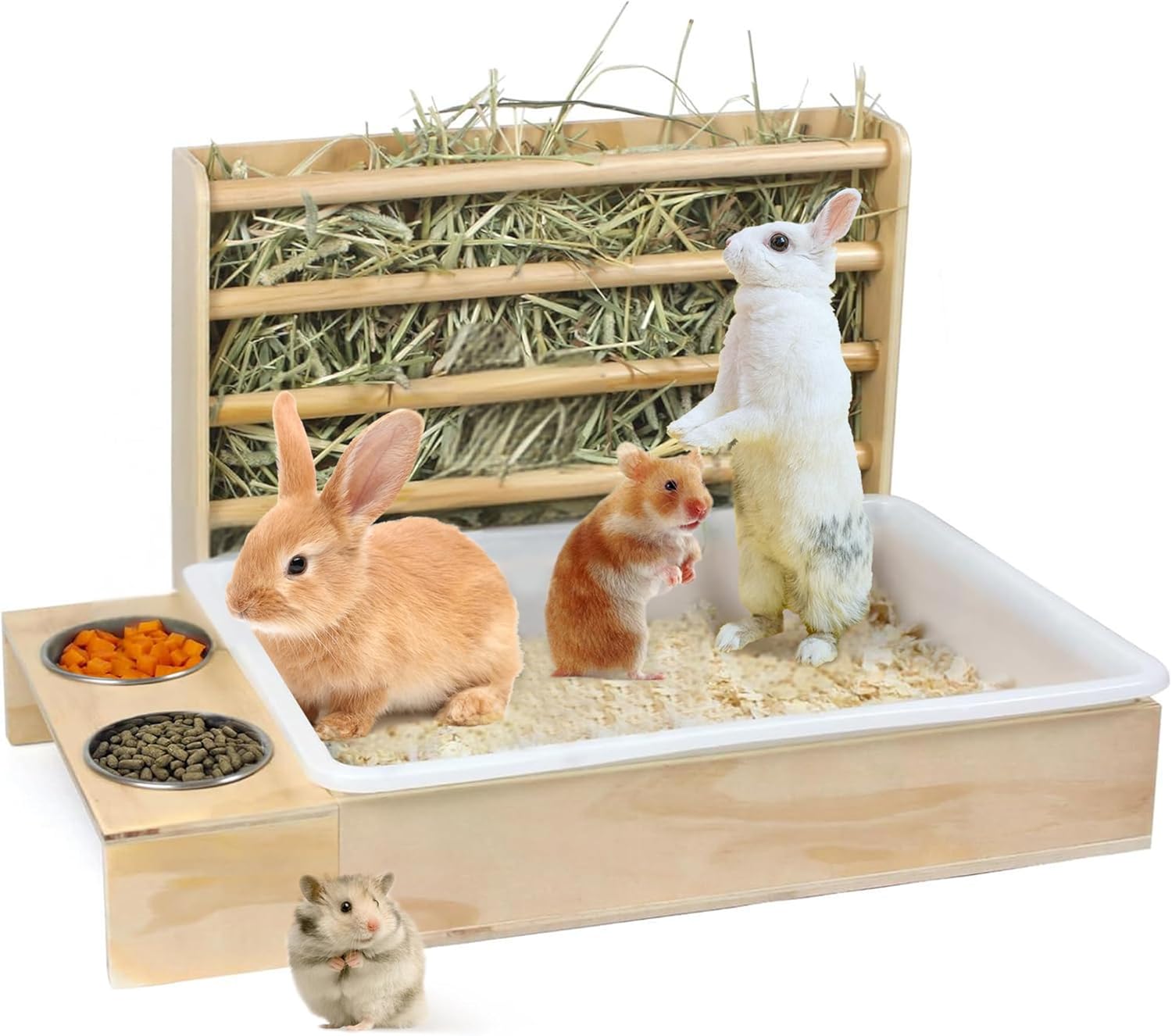 3 in 1 Rabbit Hay Feeder with Litter Box,Wooden Hay Feeder with 2 Bowls & Litter Box for Guinea Pig Chinchilla Bunny Other Small Animals (Basic Stand)