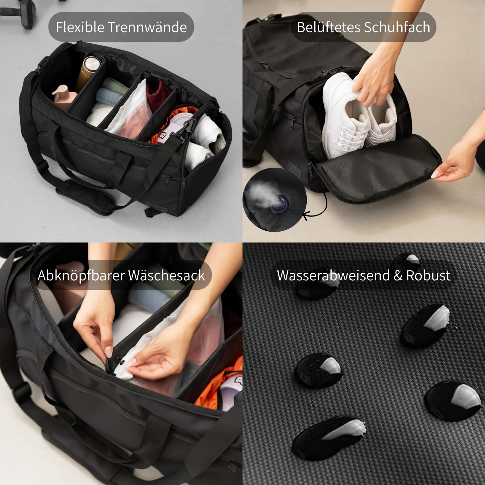 BOUM Borsa organizer, borsa sportiva con scomparto per scarpe, per viaggi, affari, palestre e uomini, funzione zaino, divisori rimovibili, impermeabile, per fitness, calcio, arti marziali, nuoto