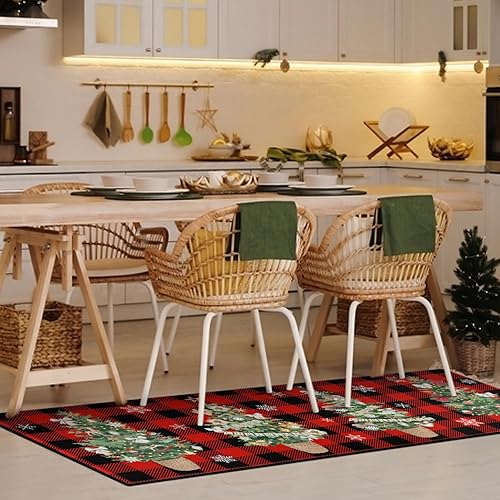 Miniatura 5 de Juego de 2 alfombras y tapetes de cocina de Feliz Navidad, a cuadros, árboles de Navidad, invierno, vacaciones, fregadero, antideslizante, lavable,