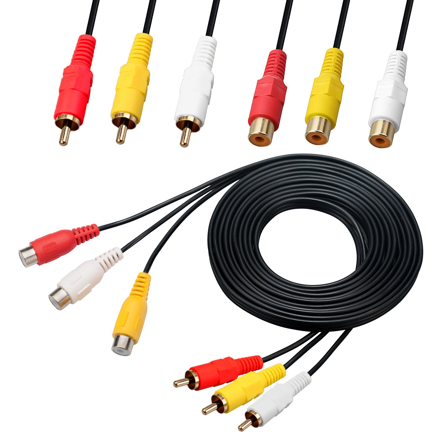 Cable alargador 3 RCA macho a 3 RCA hembra, chapado en oro, ideal para audio y vídeo DVD CD, AV, TV, (4.5m)