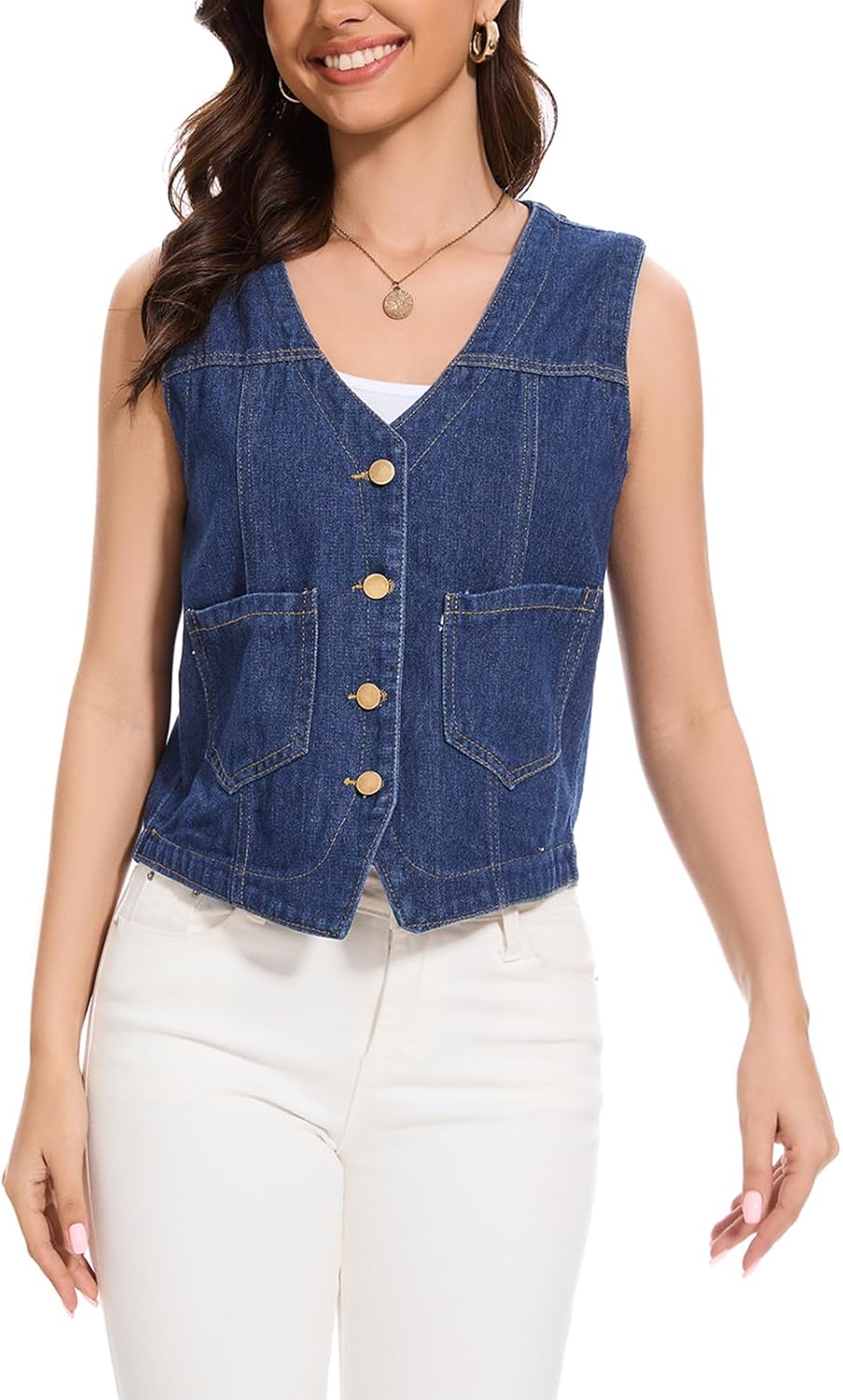 Women's Denim Jean Vest Tops 2025 Cropped V Neck Button Down Sleeveless Denim Waistcoat Jacket - Image 4