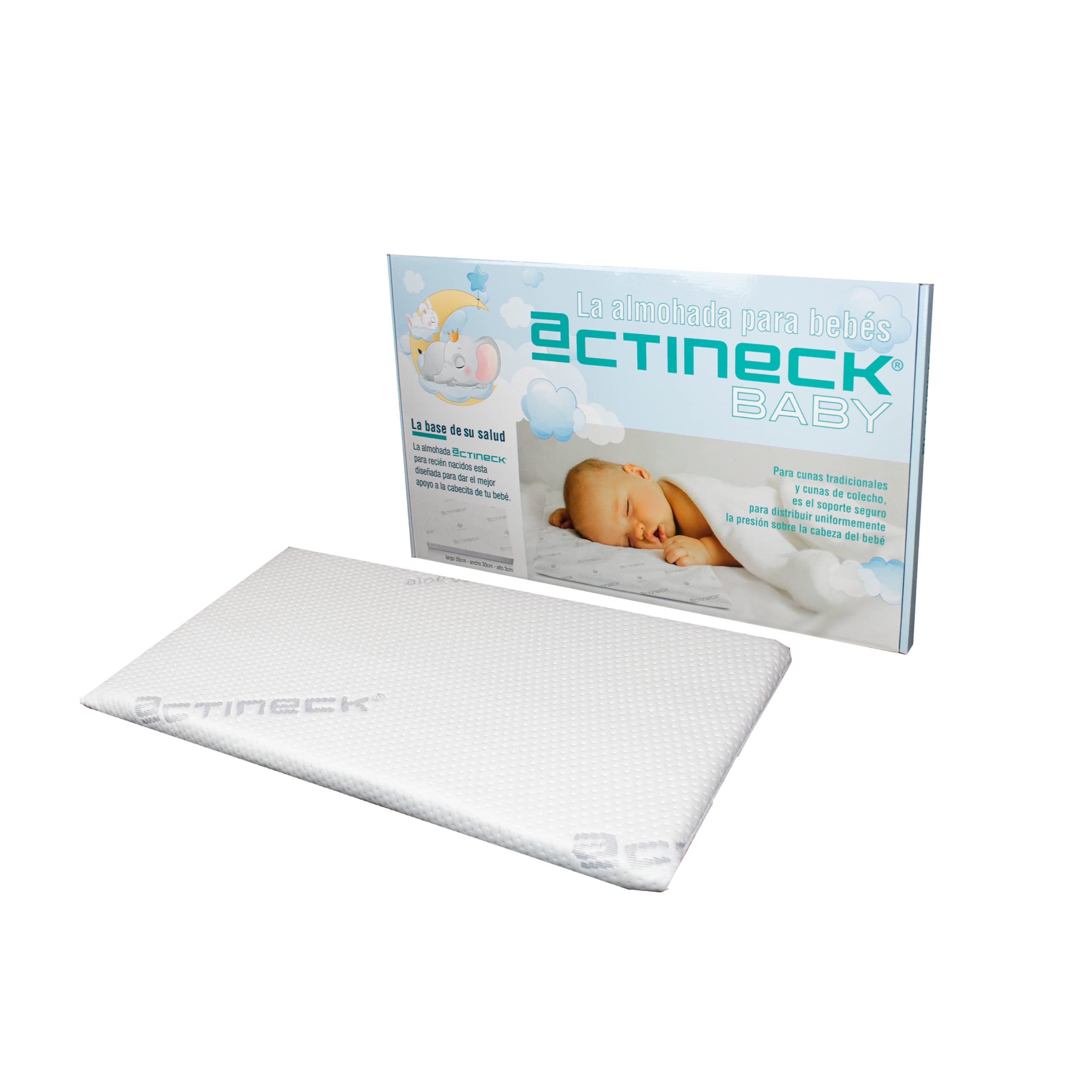 ACTINECK Almohada Bebé Baby 55x30x3cm - Transpirable, Hipoalergénica y Antiescaras - Funda Lavable e Hidrófuga - Fabricada en España para Recién Nacidos
