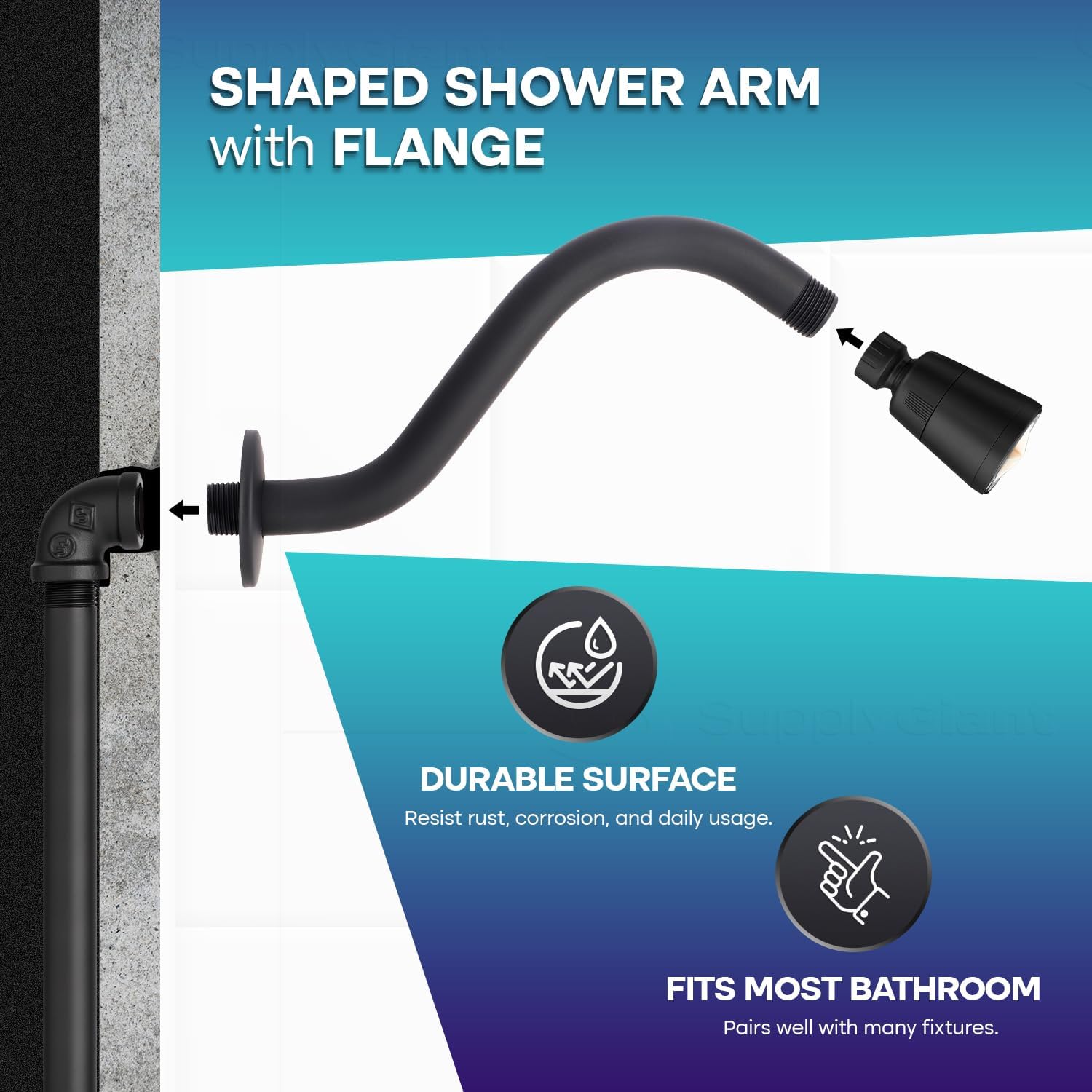 SUPPLYGIANT S Shaped Shower Arm with Flange 8 Inch Stainless Steel Wall 1/2 Inch Threaded Connector, Matte Black Finish