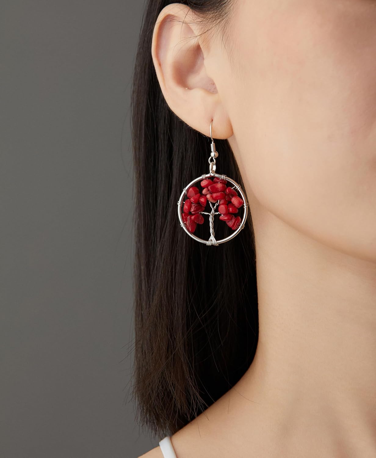 Red Coral and Silver Hoop Earrings for Women Dangling - Genuine - Natural Stone Chip - Rustic - Tree of Life - Large Hoops - Dangle - Family Tree - Handmade Jewelry - Unique Gifts for Women - Anniversary - Valentine's Day - Graduation - Teacher Appreciation Gift - Back to School