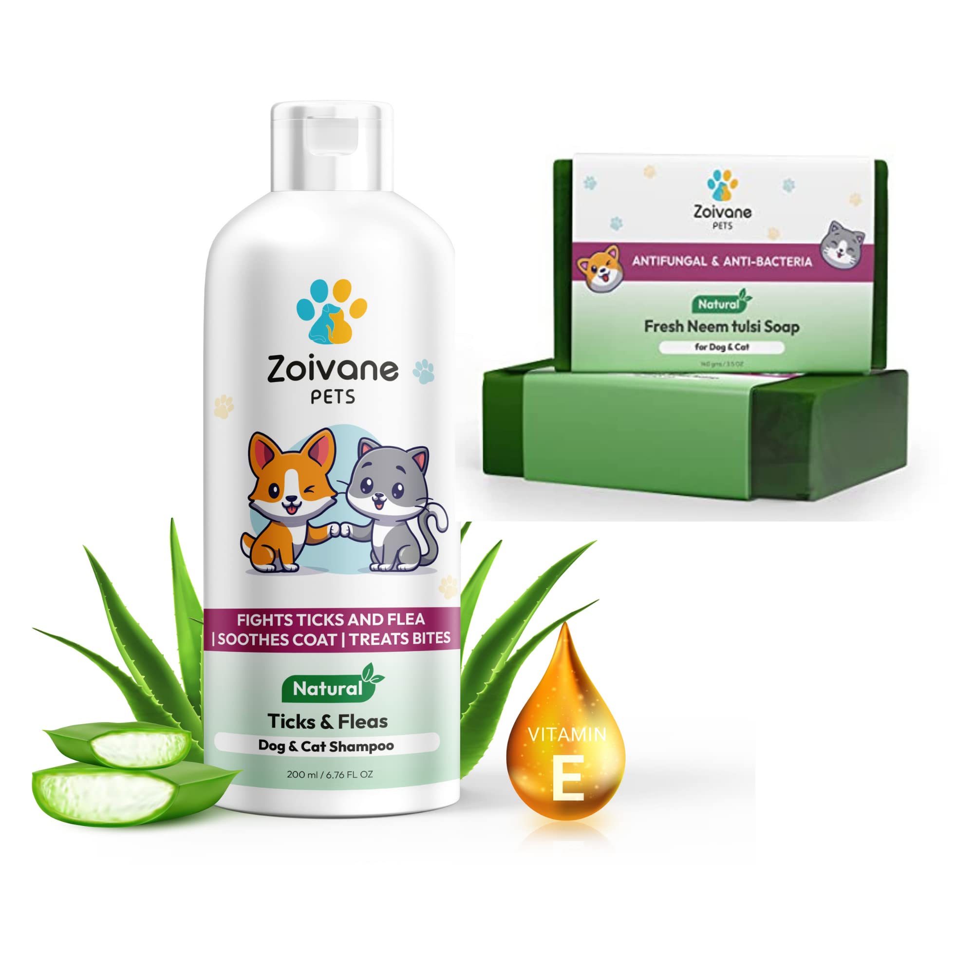 ZOIVANE Pet Soap and Tick and Flea Shampoo Combo (200ml + 100 gm) | Dog Shampoo for Pomeranian, Shih tzu Puppy, Rottweiler Adult, German Shepherd, Labrador and Golden Retriever | Dog Accessories