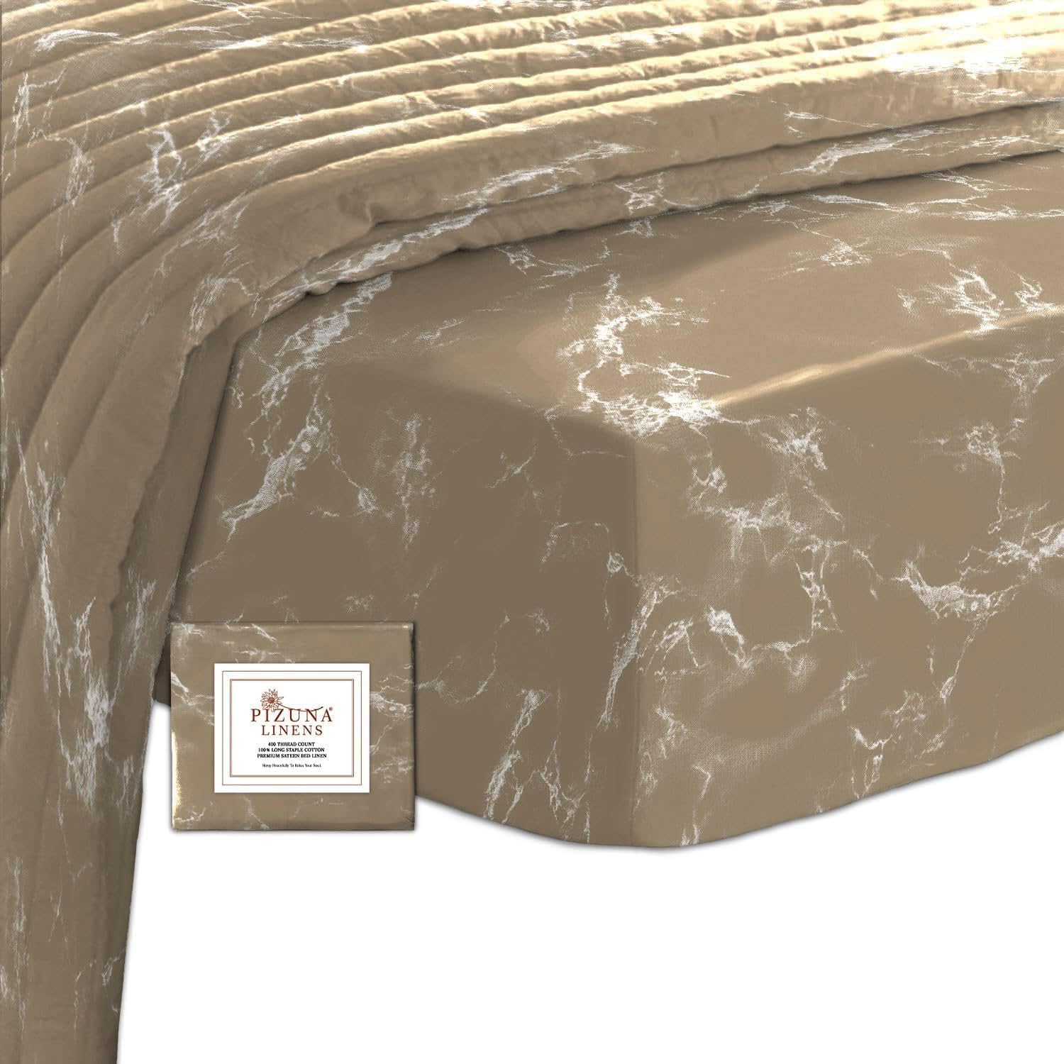 Pizuna 100% Cotton Marble Taupe Printed Fitted Sheet 200x200, 400 thread Count Long Staple Cotton Fitted Emperor Sheet 1 Pc, Sateen 40 cm Deep Pocket (Printed Fitted Sheet Emperor)