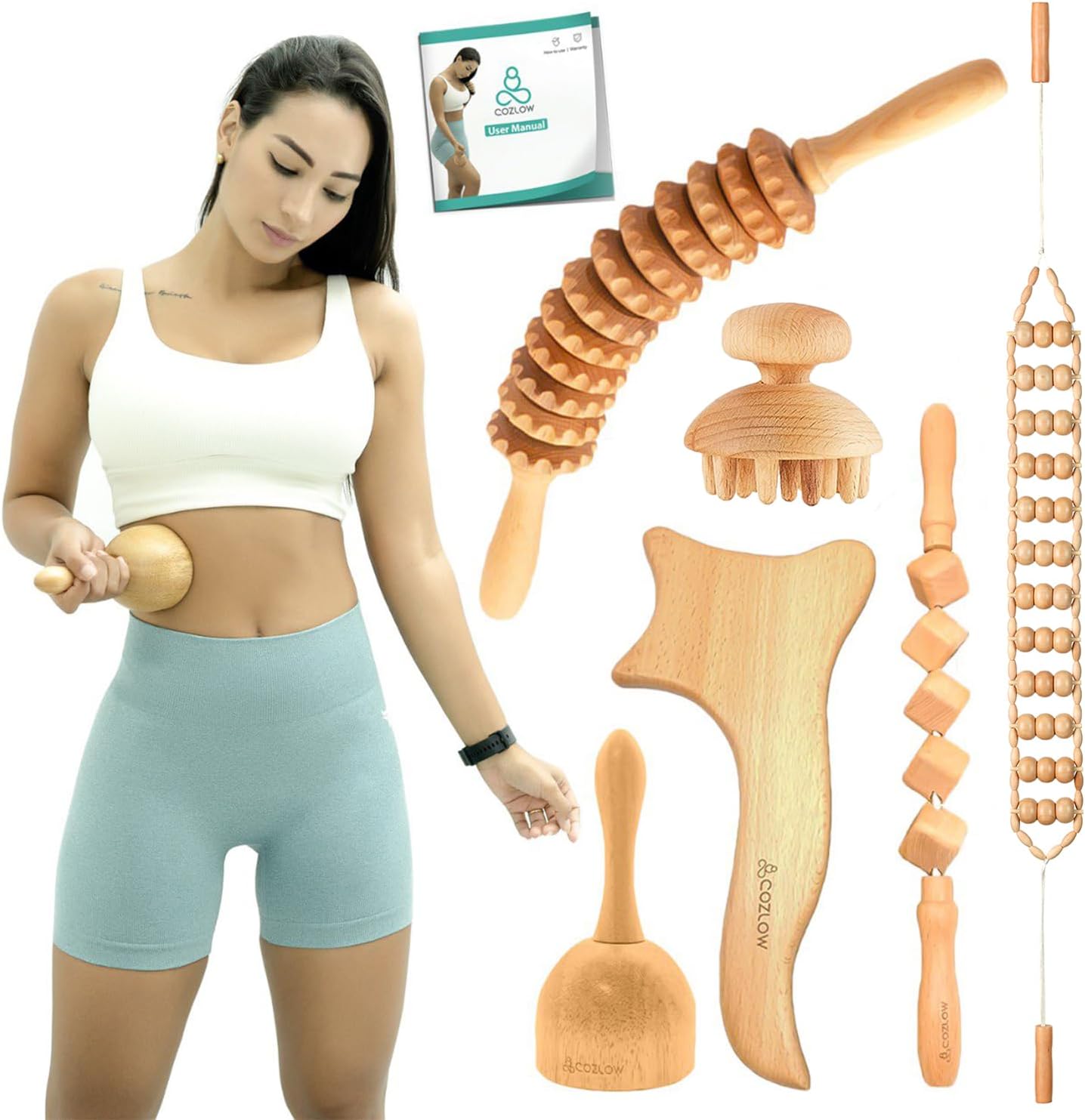 6-in-1 Wood Therapy Massage Tools - Professional Maderoterapia Kit for Body Sculpting, Shaping, Fascia Release and Lymphatic Drainage - by Cozlow