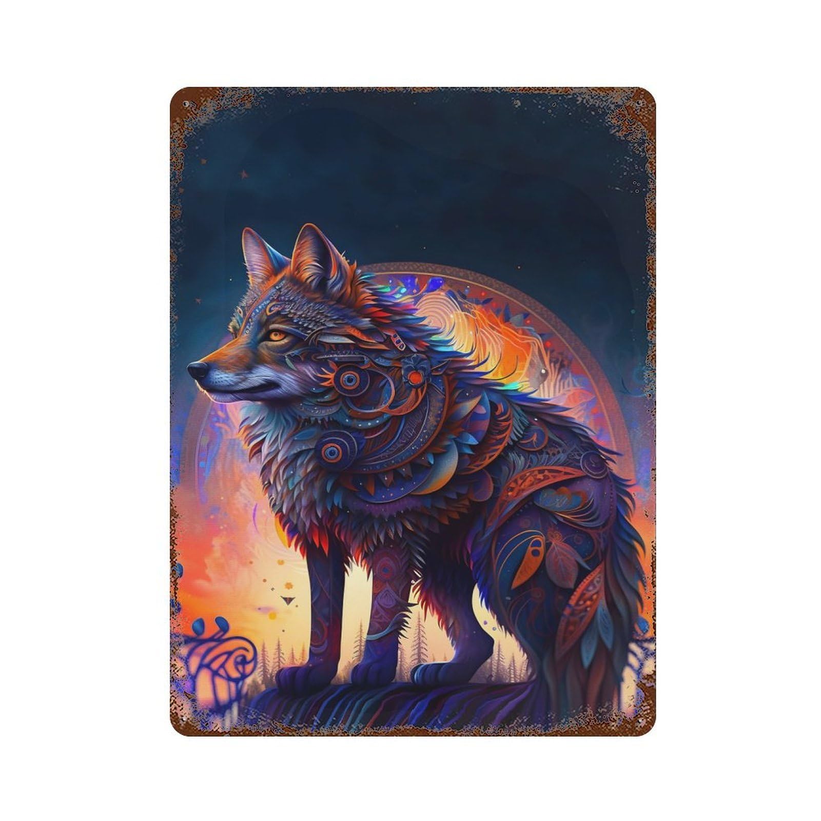 Majestic Wolf 15.7"x11.8" Aged Metal Wall Plaque, Novelty Wall Decor for Shed, Workshop And Garage Wall Decor