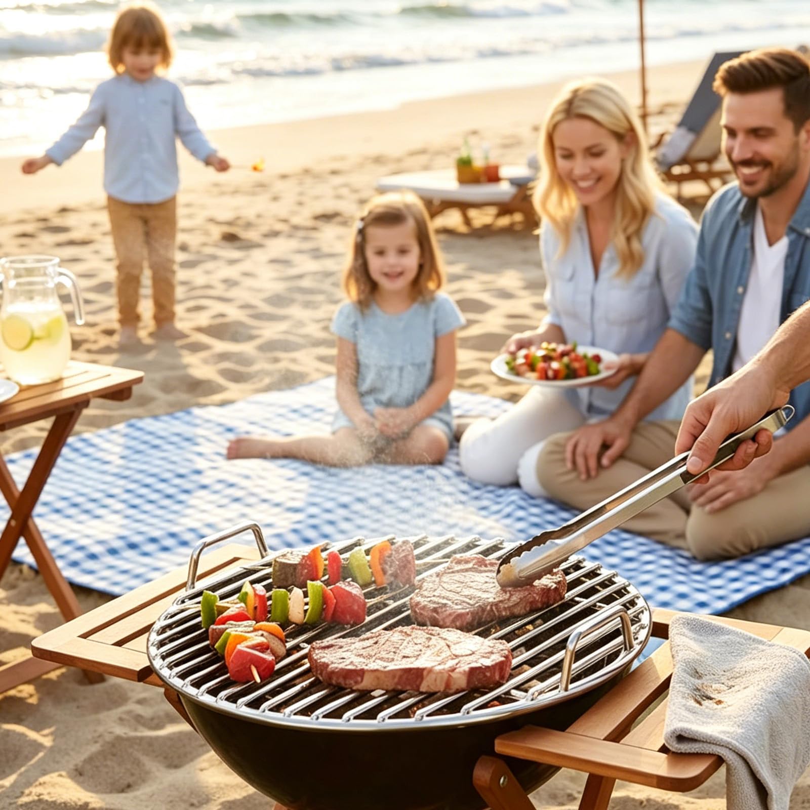 304 Inless - Juego de parrilla de acero con pinzas de 28 a 60 cm de diámetro redondo con parrillas de caldera y hervidor, accesorios portátiles para barbacoa, fácil de limpiar, distribución uniforme