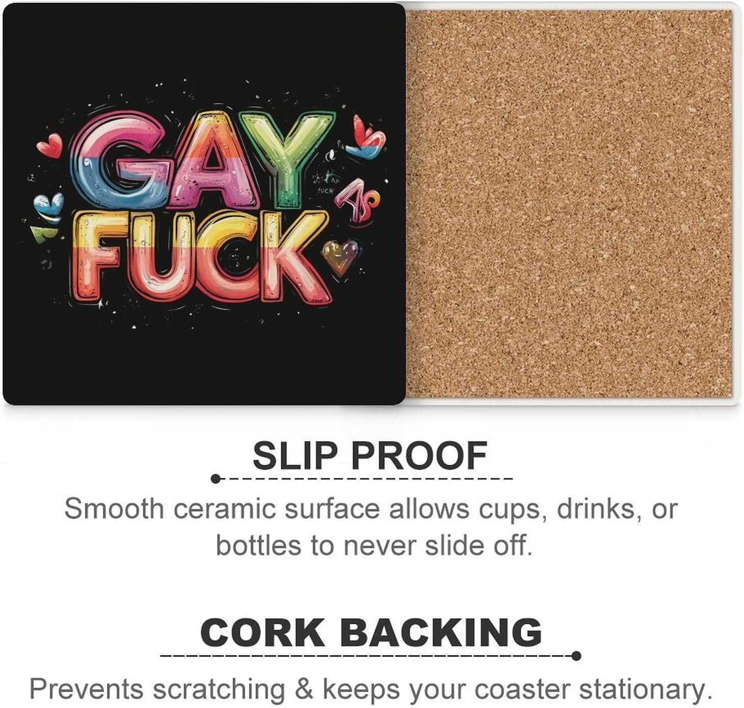 Gay AS Fuck Coasters for Drinks Square Table Coasters Set Cup Mats with Cork Base