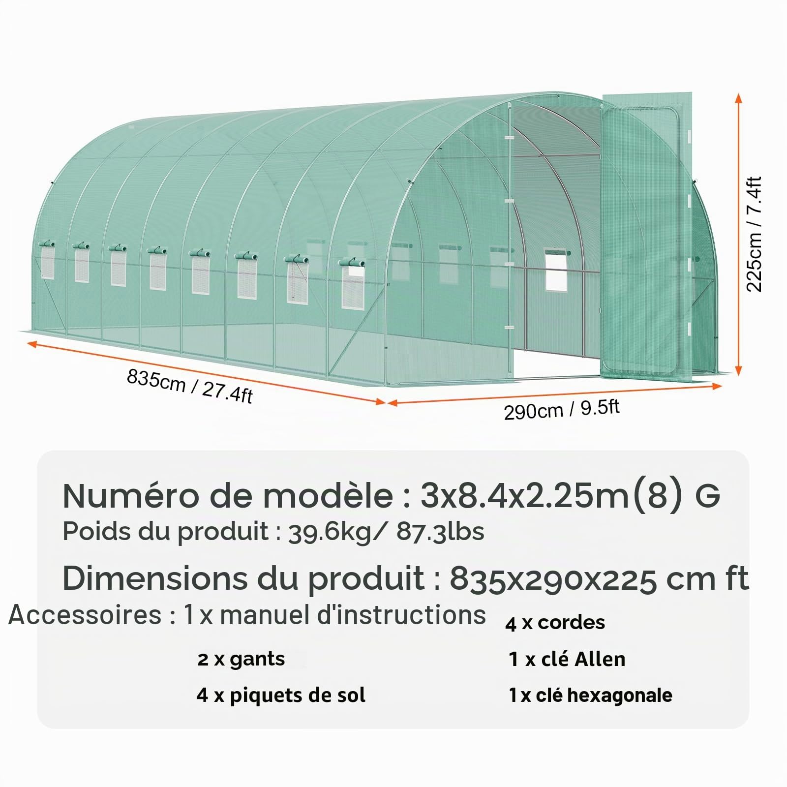 VEVOR Serre Tunnel Jardin, 835x290x225 cm, Tente Abri Plantes avec Cadre en Acier Galvanisé, Couverture en PE Verte, Porte à Glissière Enroulable, 16 Fenêtres, pour Extérieur Cultiver Légumes Fleurs