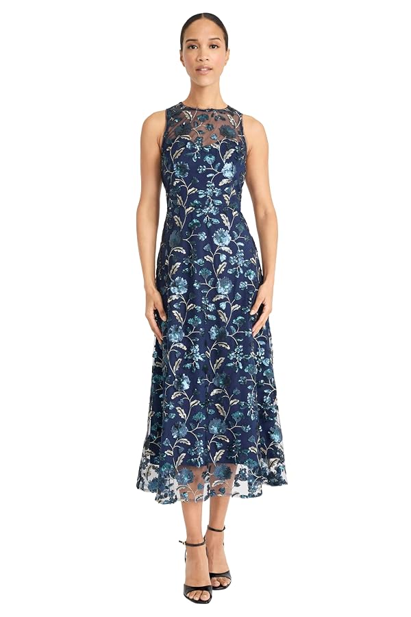 Maggy London Women's Dresses Women's Sleeveless High Neck Illusion Hem Lace A-Line Formal Wedding Guest Dress, Teal/Silver/Teal/Pale Blush, 4 by Maggy London - Used condition - US$168.88