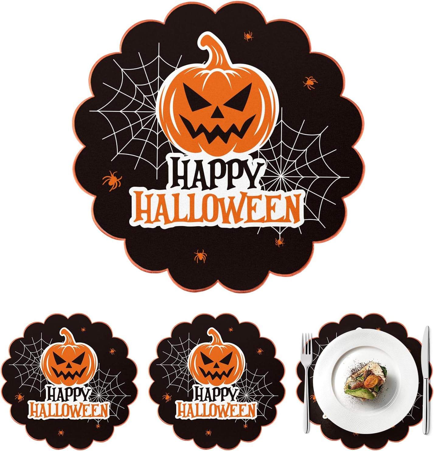Happy Halloween Placemats Set of 4 Scalloped Pumpkin Cotton Linen Placemats 13.5 Inch Embroidery Halloween Table Mats for Trick or Treat Party Supplies Home Kitchen Dining Table Decorations
