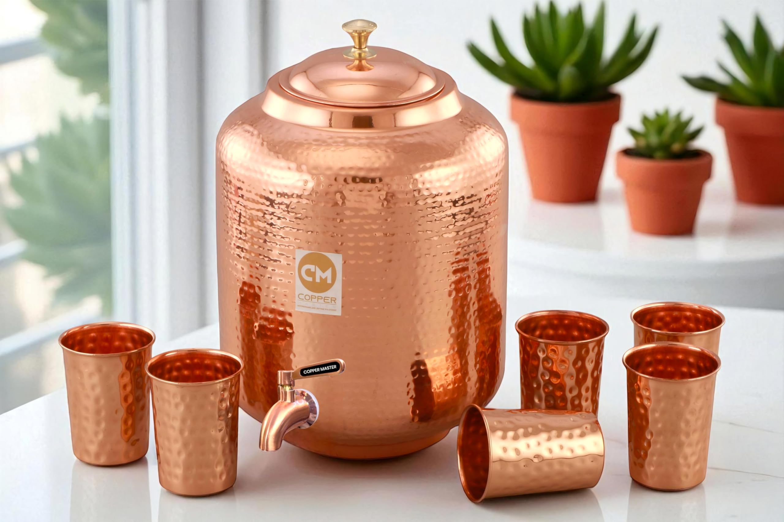 Copper-Master 14 Litre Hammered Copper Water Dispenser (Matka) Container Pot with 6 Copper Glasses Pure Copper and Ayurvedic Health Benefits (14000 ml + 1800 ml)