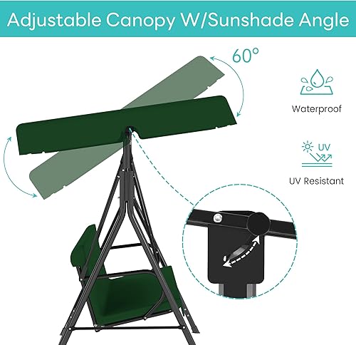 Miniatura 7 de Silla de columpio para patio al aire libre con toldo ajustable, columpio para patio al aire libre con soporte resistente para 3 personas adultas,