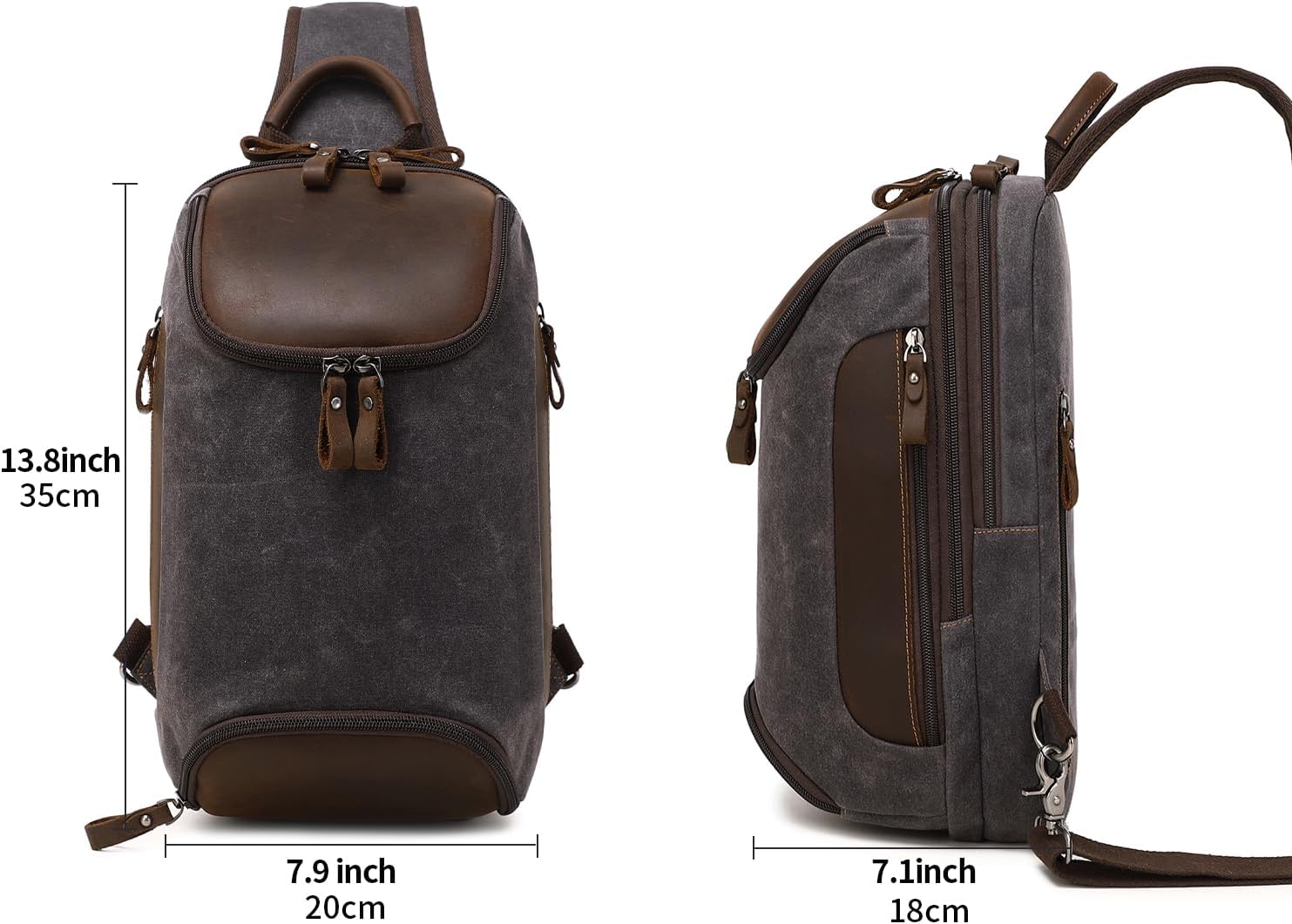 FENGDONG Sling Bag Crossbody Bag for Men Waxed Canvas Leather Shoulder Chest Bag Sling Backpack Black Gray