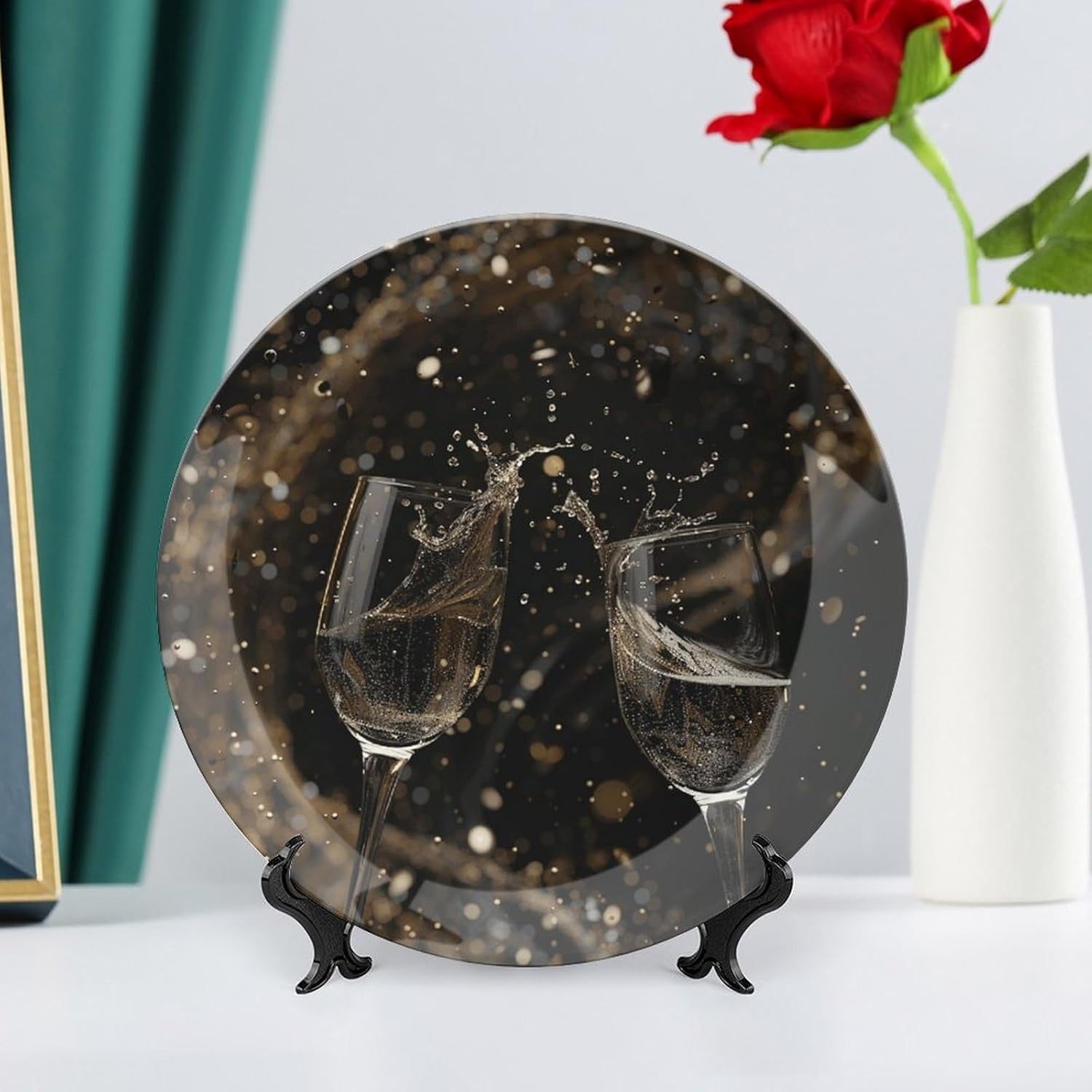Bone China Decorative Plates Two Glasses of Champagne Ceramic Decorative Plate Wall Decor with Display Stand Ceramic Ornaments for Wall Hanging Decoration