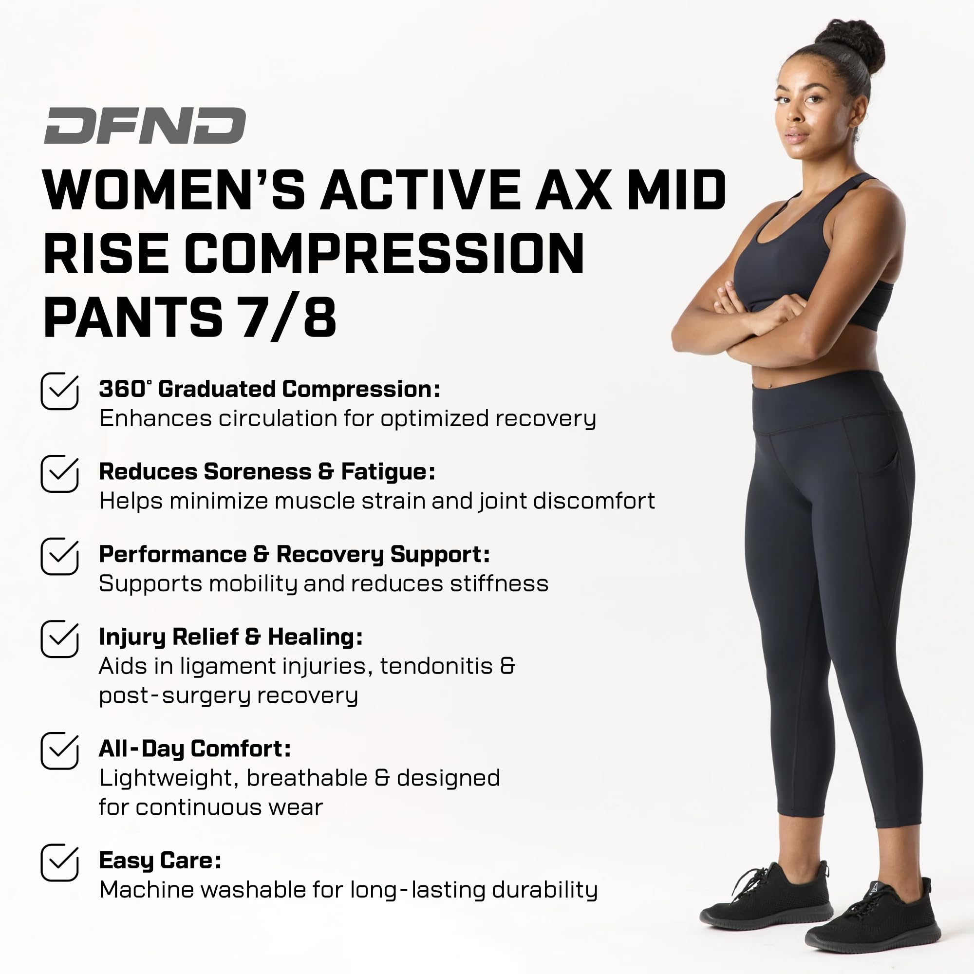 DFND Women's Active Ax Mid Rise Compression Pants – 360° Graduated Compression for Injury Recovery & Enhanced Performance – 7/8 Length – Made in USA - Large Black
