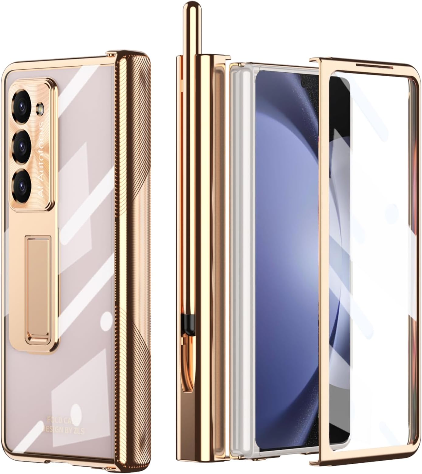 for Samsung Galaxy Z Fold 5 Case with S Pen + Pen Holder, Two Hinge Protection for Z Fold 5 Case Built in Screen Protector Z Fold 5 5g Clear Case with Kickstand Z Fold 5 5g Phone Case Gold