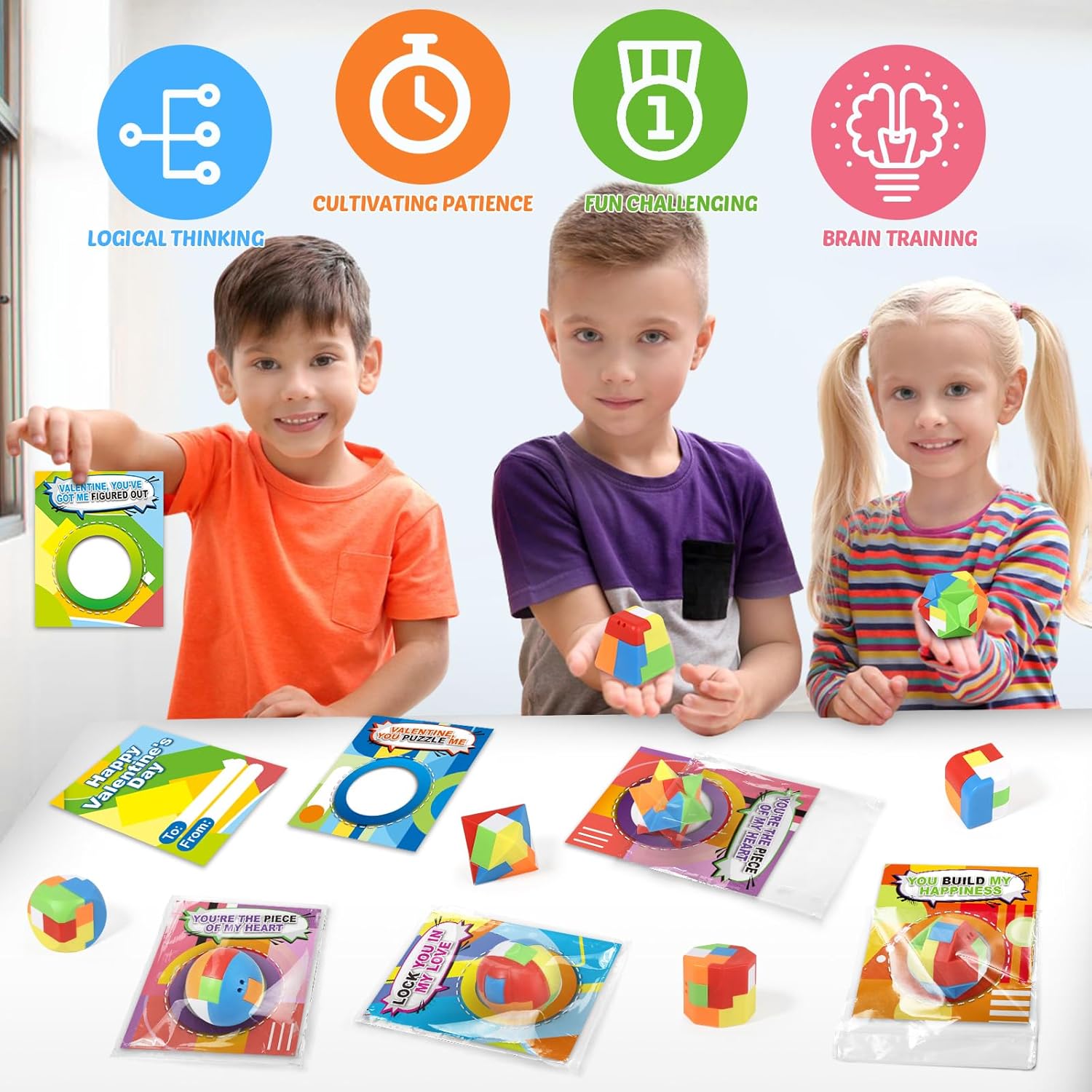 Valentines' Day Cards with 24 Pack Brain Teaser Puzzle for Kids School Classroom, Valentines' Gifts for School Exchange, 3D Brain Teaser Puzzle Bulk for Party Favors