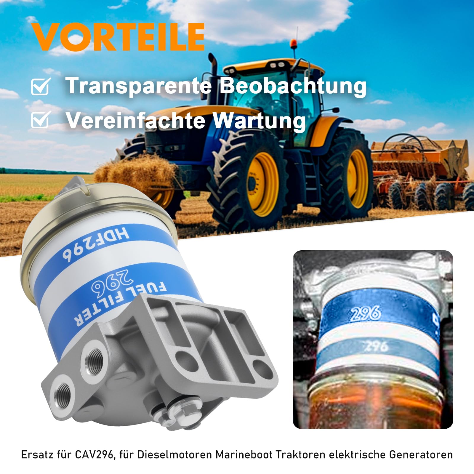 Filtro carburante diesel CAV296, separatore acqua, ricambio Massey Ferguson 133-185, barche, trattori