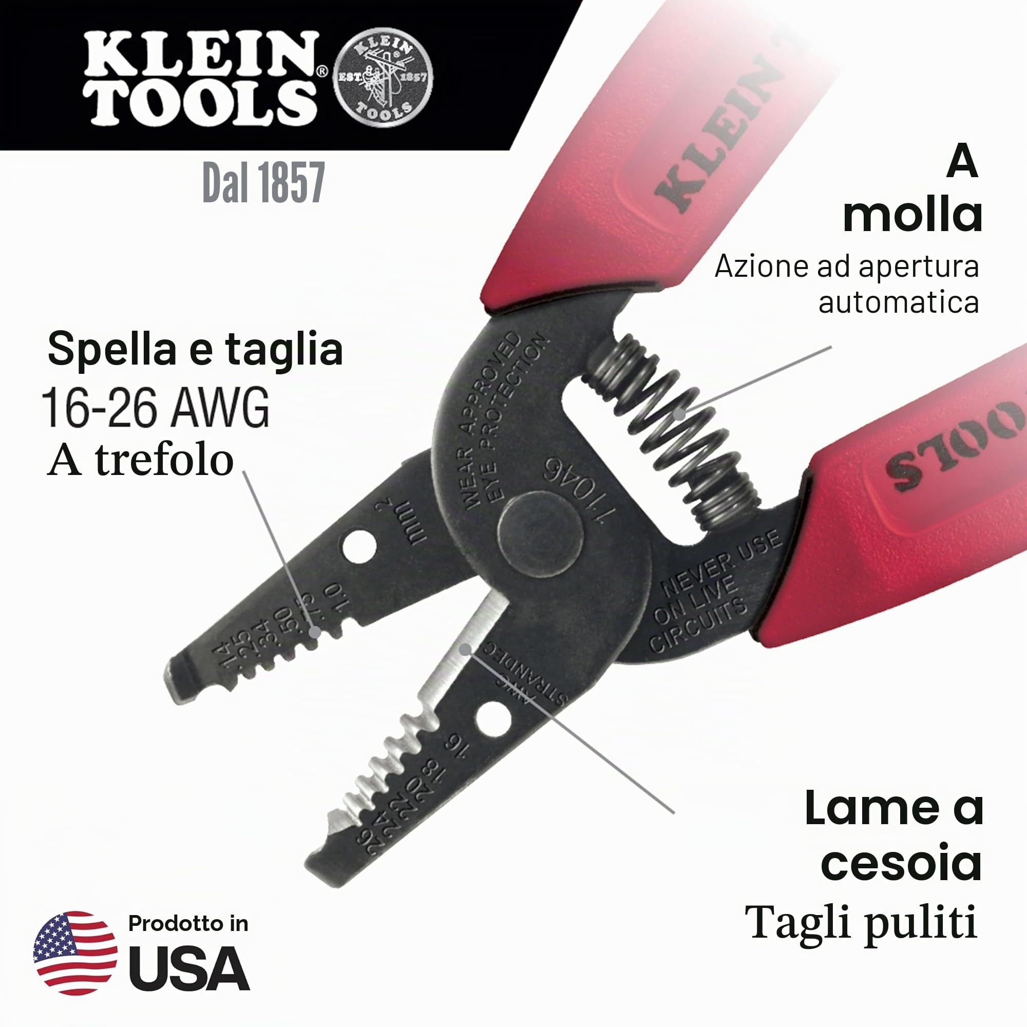 Klein Tools 11046 | Pinza spelafili 0,2–1 mm² | Punta stretta | Fori per asole | Lame tipo forbice | Impugnature testurizzate | Finitura nera resistente