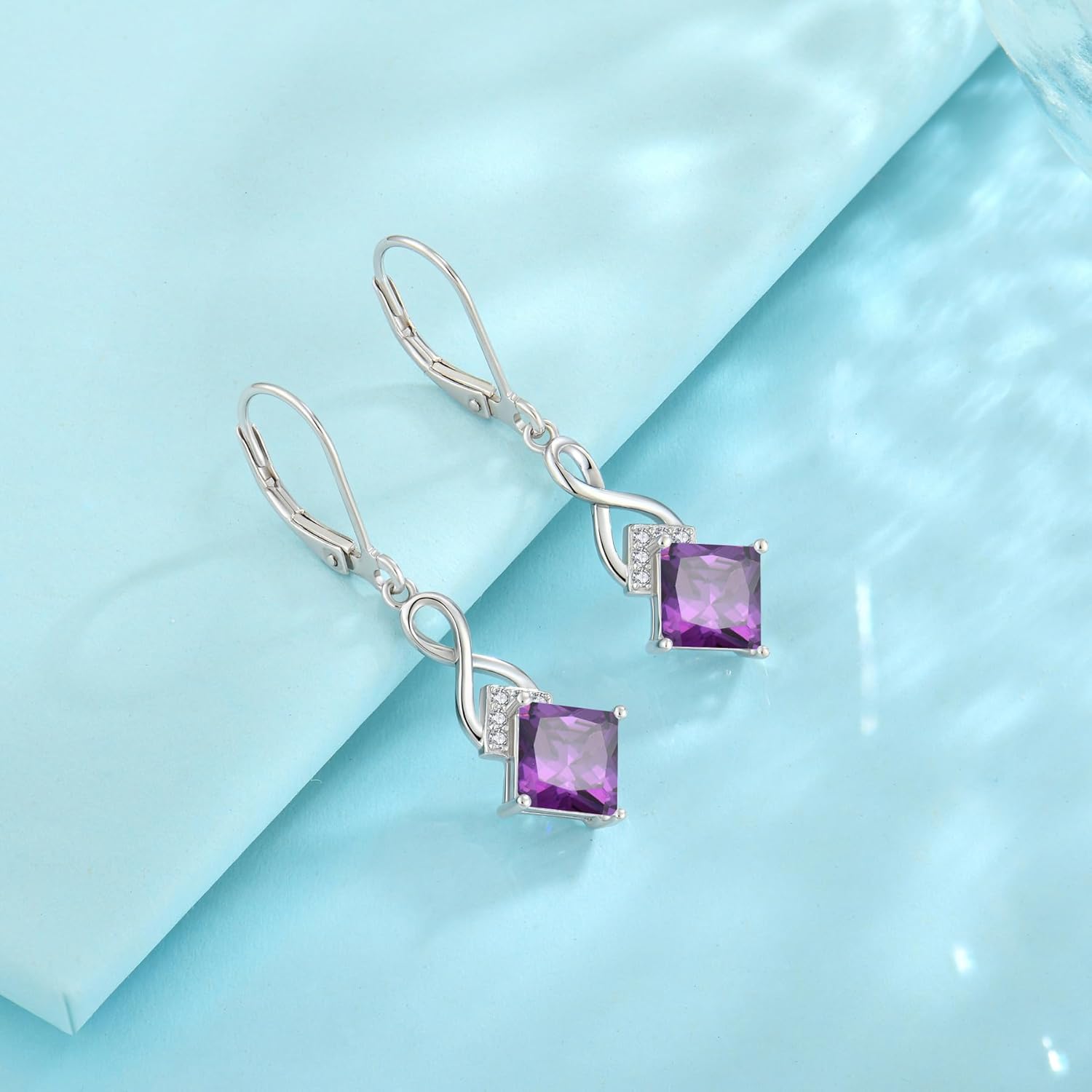 Infinity Dangle Drop Earrings 925 Sterling Silver Princess Cut Leverback Earrings Birthstone Jewelry for Women