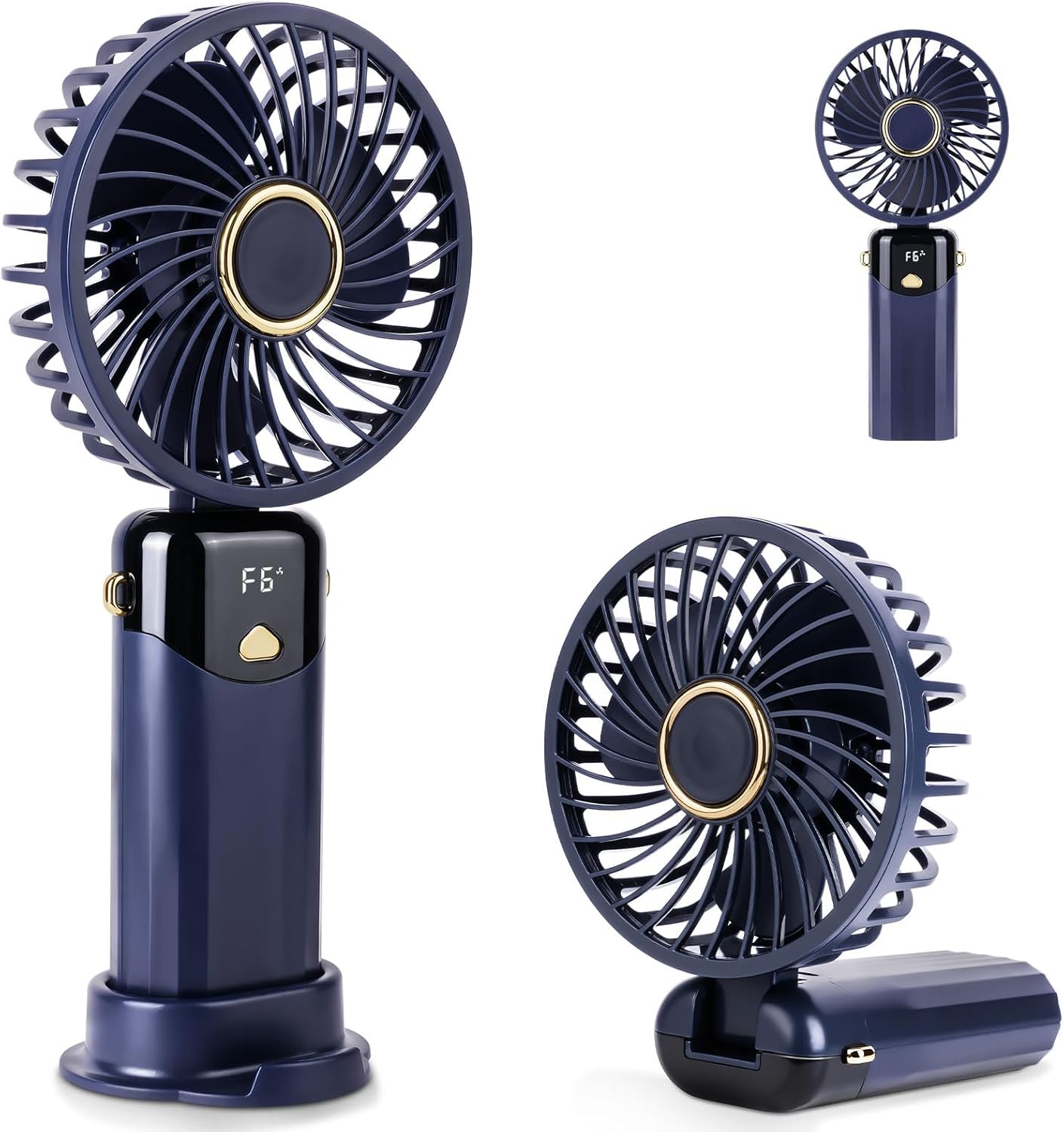 AUAUY Portable Handheld Fan, USB Rechargeable Hand Held Fan with 6 Speeds, Folding Hand Fan with Digital Display, Desktop Fans with Base for Home Office Makeup Bedroom Outdoor Travel