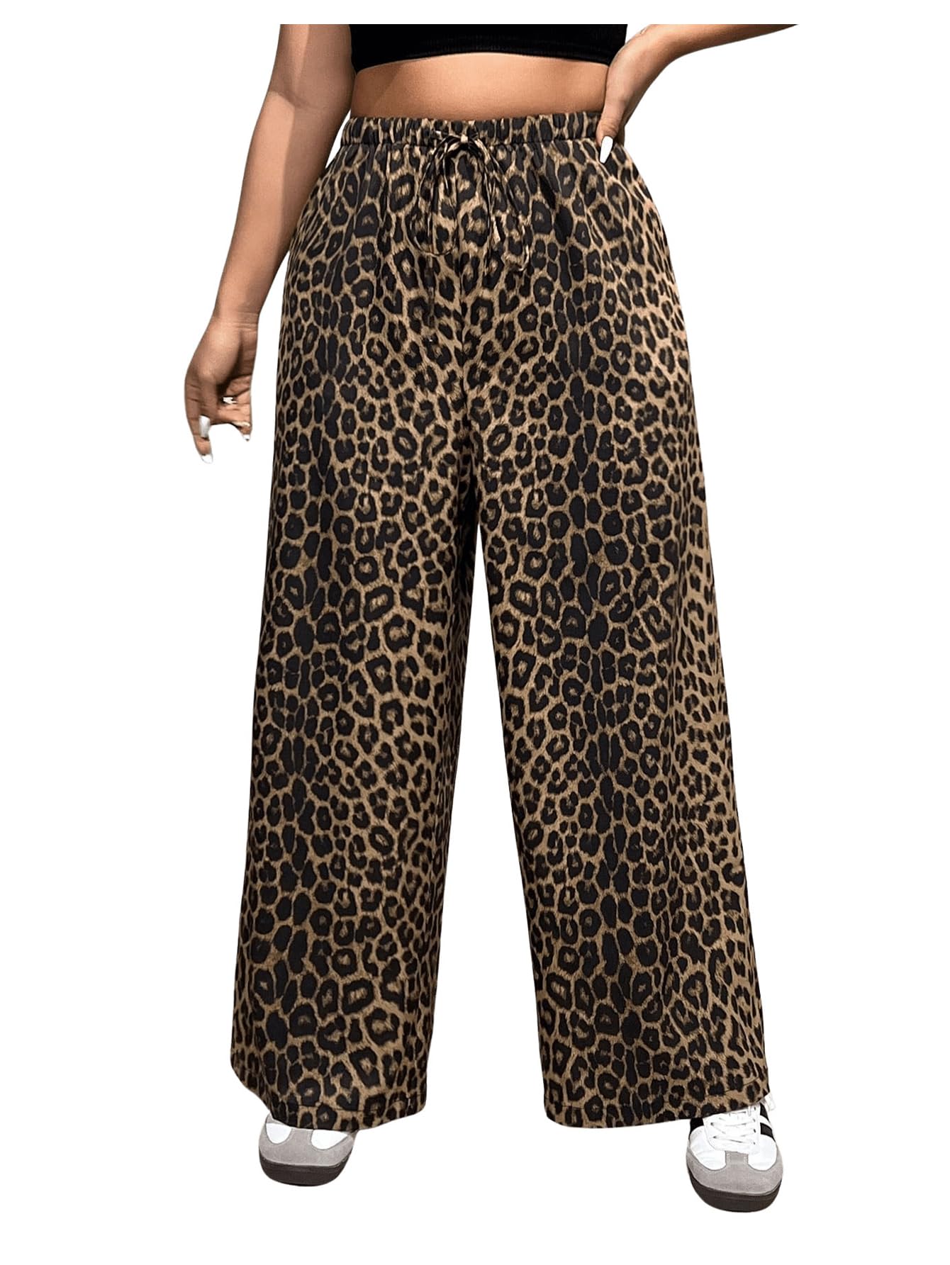 MakeMeChic Womens Plus Size Cheetah Print Wide Leg Summer Pants Casual Drawstring Waist Trousers