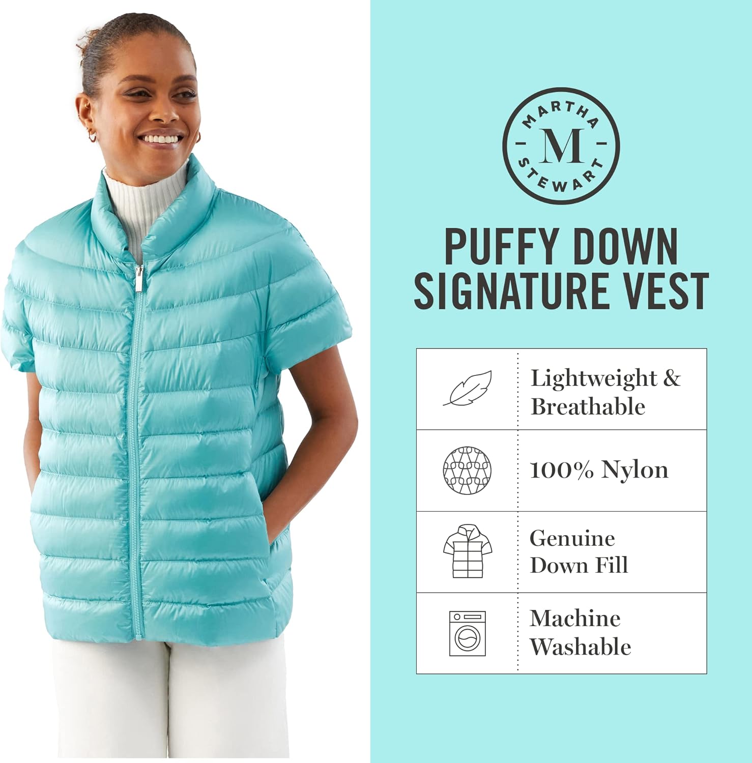 Martha Stewart Women’s Quilted Down Puffer Vest, Lightweight Short Sleeve Jacket with Pockets, Warm Winter Coat - Image 4