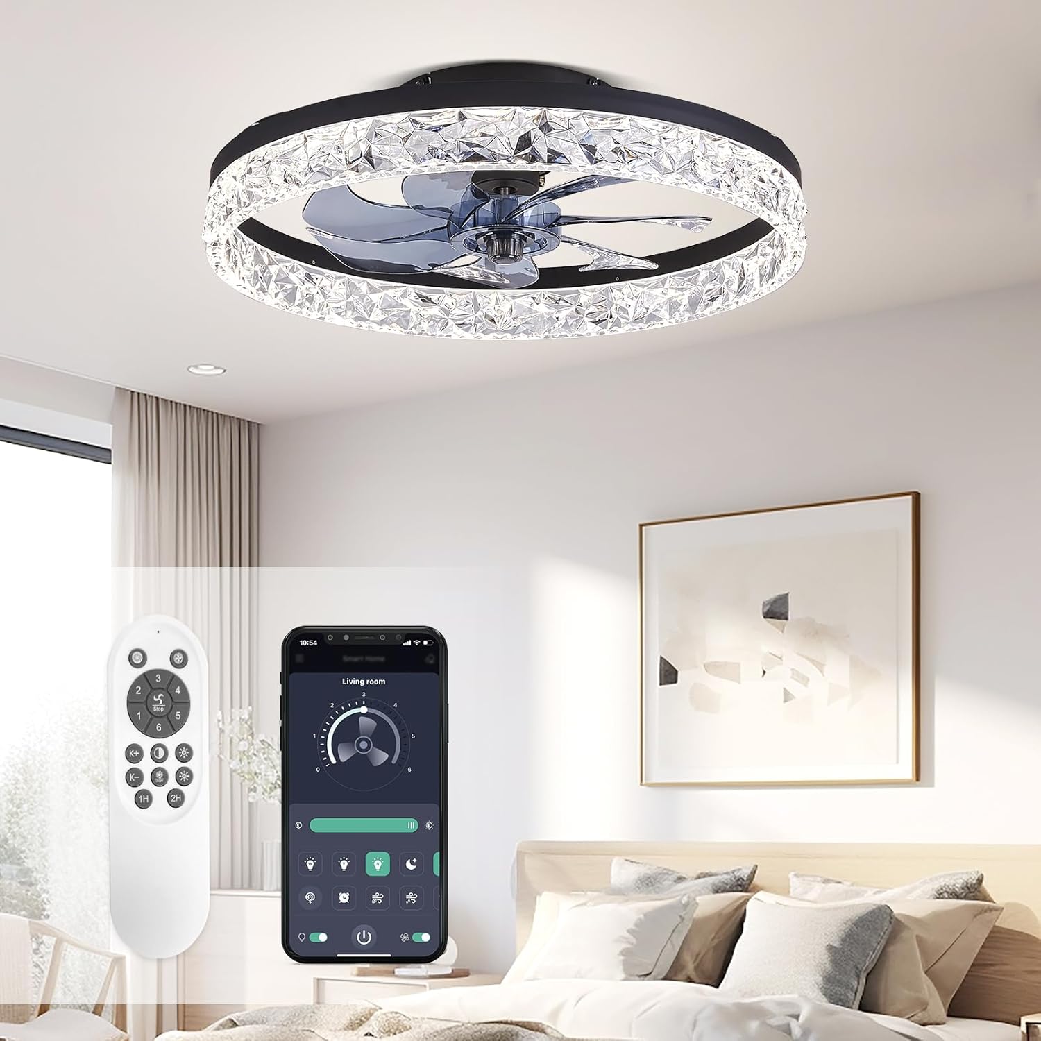 STERREN 19.7'' Crystal Ceiling Fan with Light, Modern Low Profile Ceiling Fans with Remote Control, Dimmable Flush Mount LED Fandelier for Living Room, Bedroom, Home Office, Kitchen, Black Crystal Black 19.7 inch