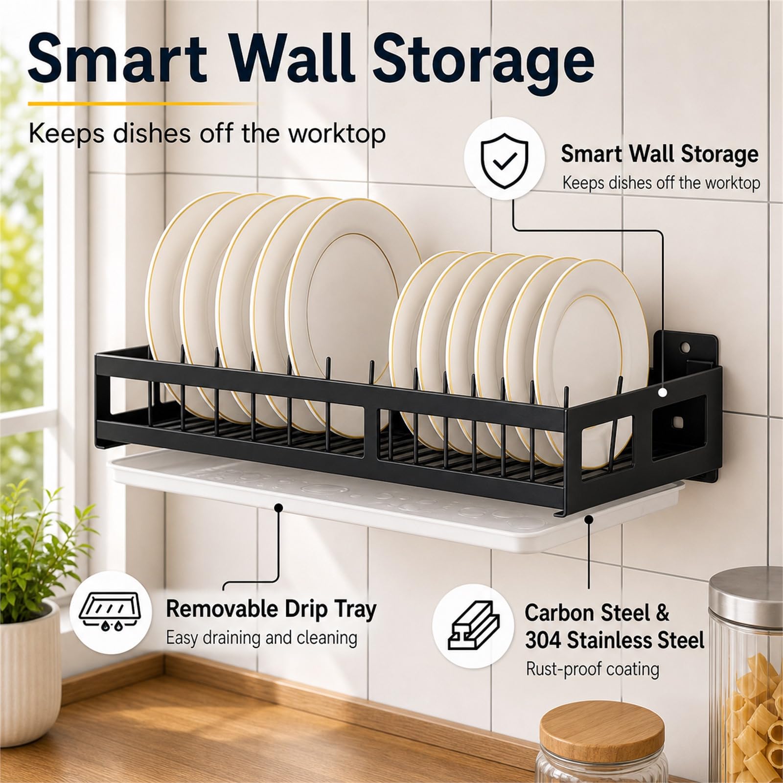 Escurreplatos sobre Fregadero,Escurridor De Platos Colgante De Pared,Escurridor De Platos con Bandeja,PrevencióN De La OxidacióN,Puede Contener Platos,Cuencos Y Tazas