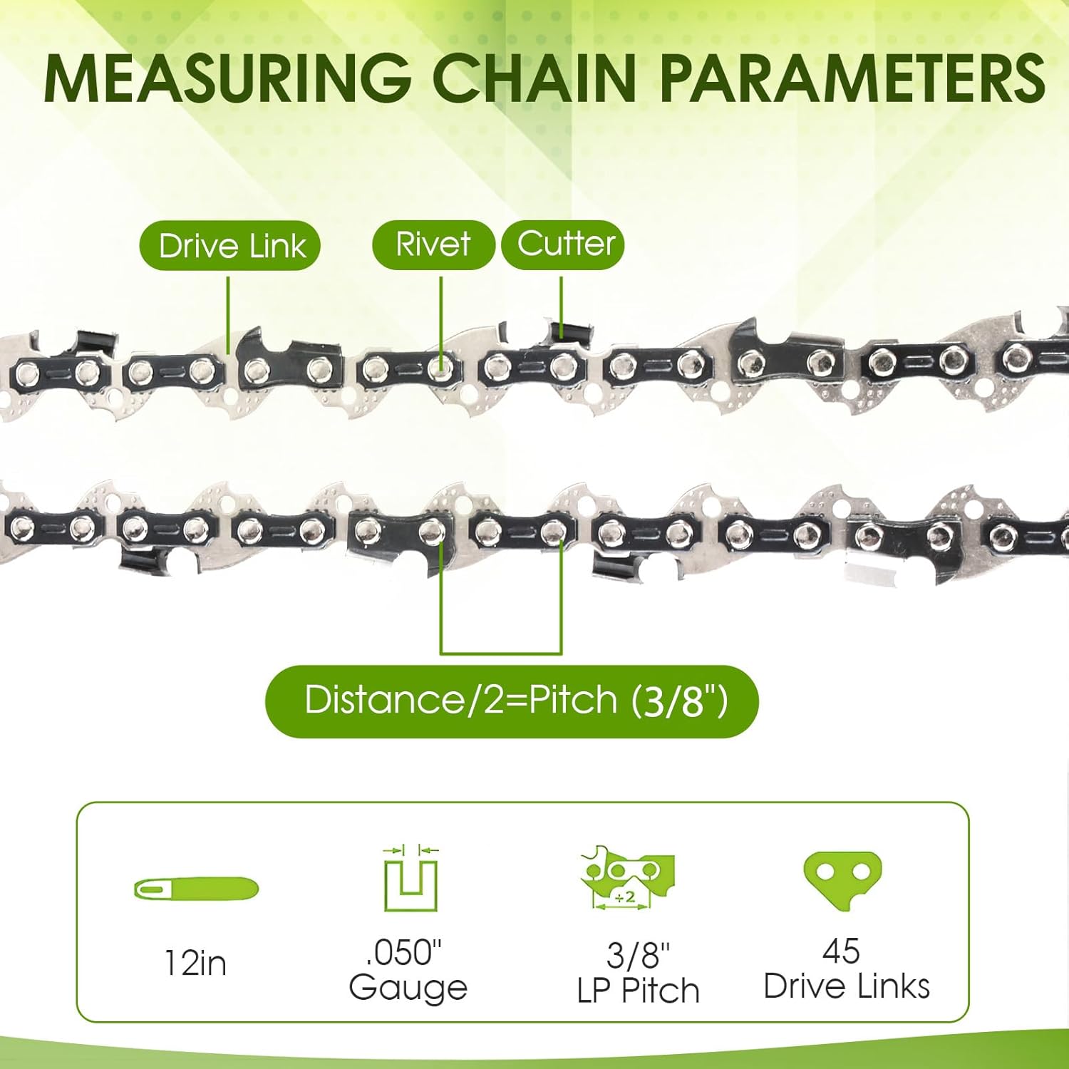 Thten 45 Link Chainsaw Chain Compatible with kobalt 40V 506890,796790,KCS 120-06,KCS 120-07 40 Volt 12 Inch cordless electric chainsaw 3/8 LP Pitch .050" Gauge