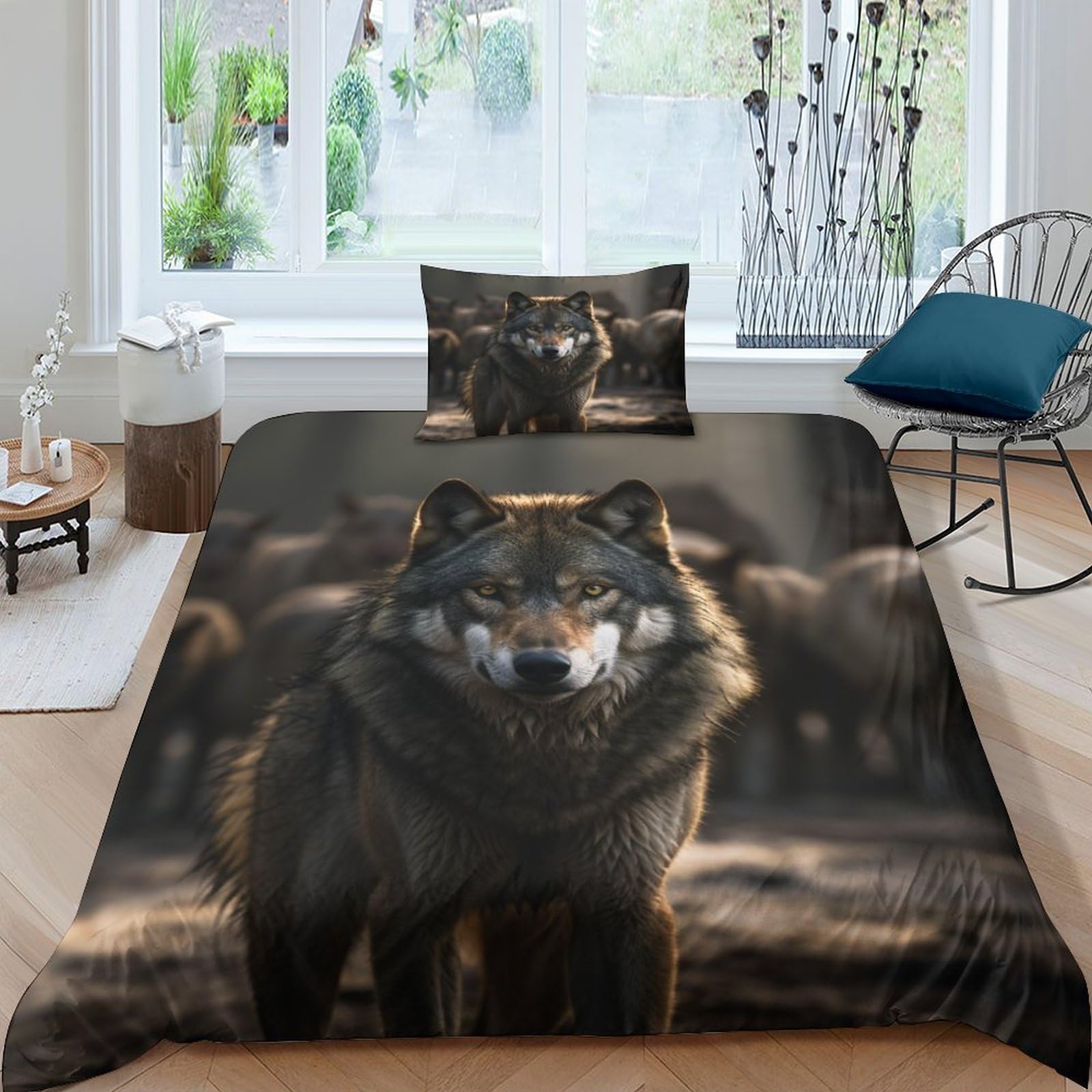 GEEYOU Wolf Pack Lovingly Duvet Cover Set Hidden Zipper Wolf King Quilt Cover Set with Pillowcases Bedding Set Soft Microfiber Comforter Cover Various Sizes for Kids Adults Single（135x200cm）