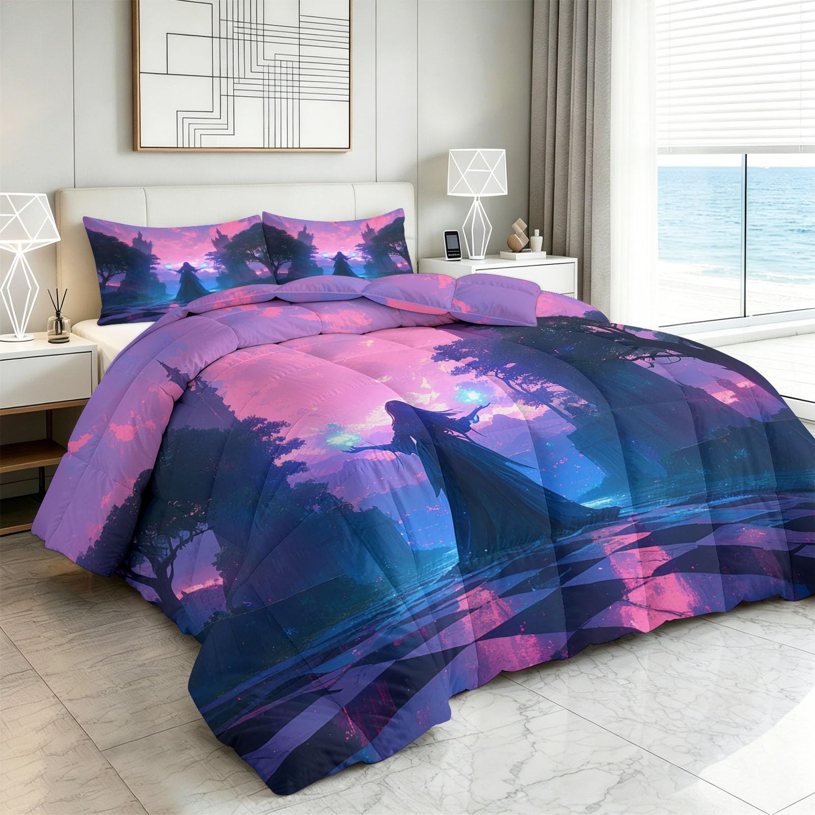 Piumino stampato 4 stagioni 240 x 260 cm fantasia Halloween magia castello set da letto 3 pezzi, microfibra ultra morbida e antiacari – design senza rivestimento con trapuntatura losanga, rosa