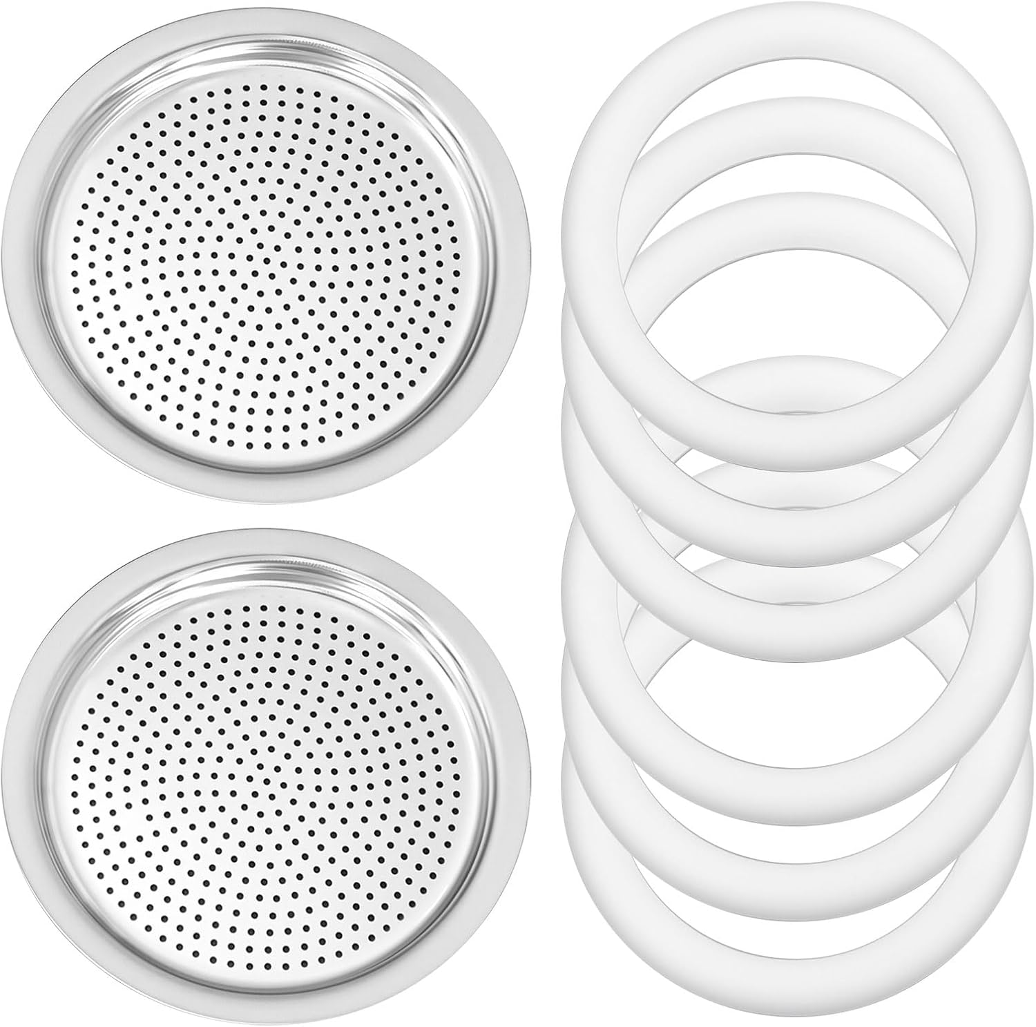Spare Parts for Moka Pot Bialetti 3/4 Cup Gasket Coffee With 2 Stainless Filter Plate & 6 Silicone Sealing-Compatible With Moka Express,Fiammetta,Break,Happy,Dama,Moka Melody,Alpina,Moka Timer,Rainbow