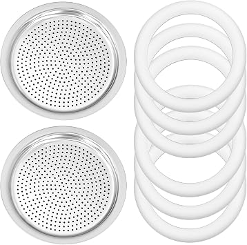 Spare Parts for Moka Pot Bialetti 3/4 Cup Gasket Coffee With 2 Stainless Filter Plate & 6 Silicone Sealing-Compatible With Moka Express,Fiammetta,Break,Happy,Dama,Moka Melody,Alpina,Moka Timer,Rainbow