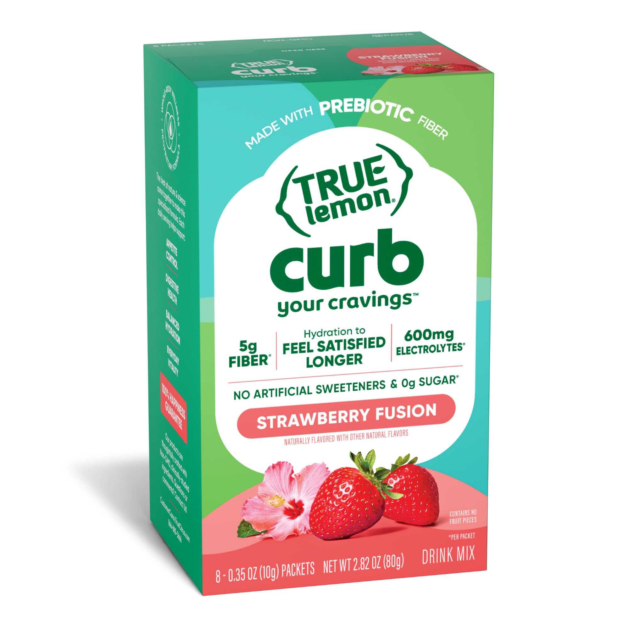 True Lemon Curb Strawberry Prebiotic Fiber Drink Mix Packets, 8 ct | Water flavoring for appetite control, EGCG, 600 mg electrolytes, gut health, sugar free, non-GMO