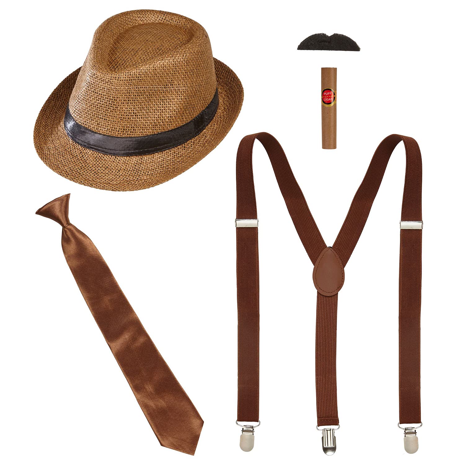 WIDMANN68557 Costume Set The Wild 20s, 5 Pieces, Hat, Braces, Moustache, Tie and Cigar, Charleston, Gangster, Mafia Boss, Accessories, Carnival, Fancy Dress, Theme Party, Multicoloured, Standard Size