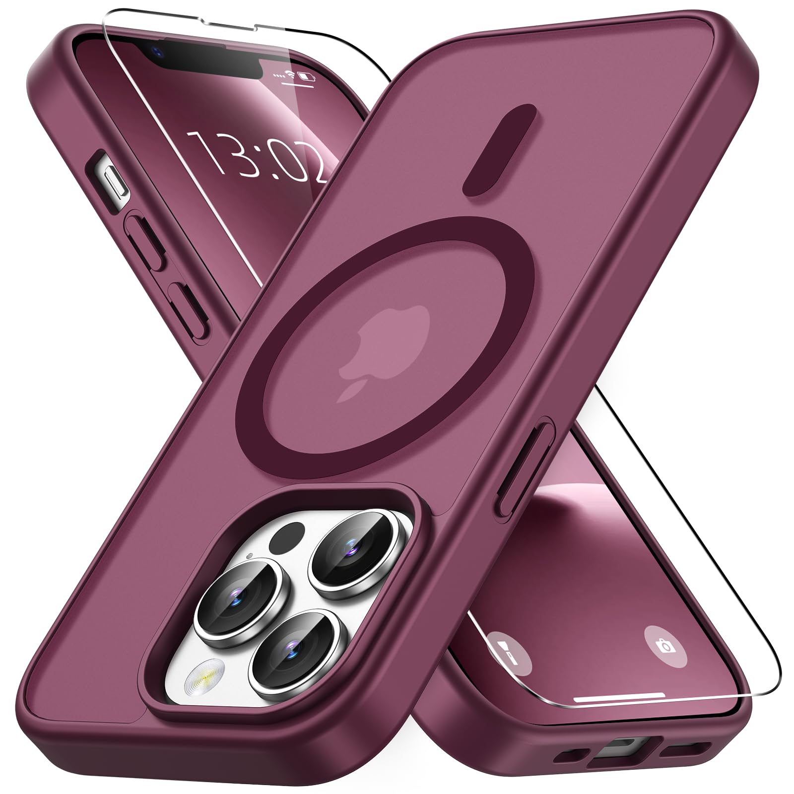 Vansdon Cover Magnetica per iPhone 13 Pro con 1 Pezzi Vetro Temperato, Compatibile con Magsafe, Protezione anticaduta di livello militare, Custodia Traslucida Opaca Sottile Antiurto-Bordeaux