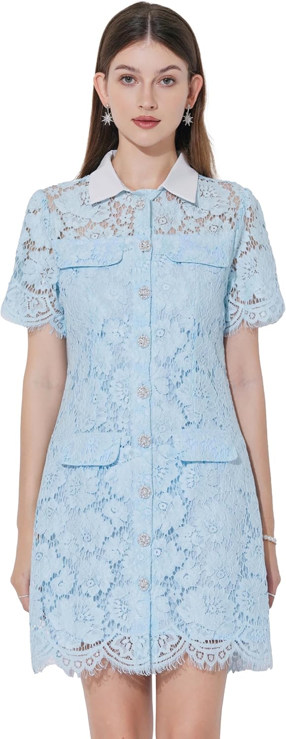 LAI MENG FIVE CATS Women's Summer Short Dress Lace Floral Short Sleeve Contrast Collar Button Mini Dress