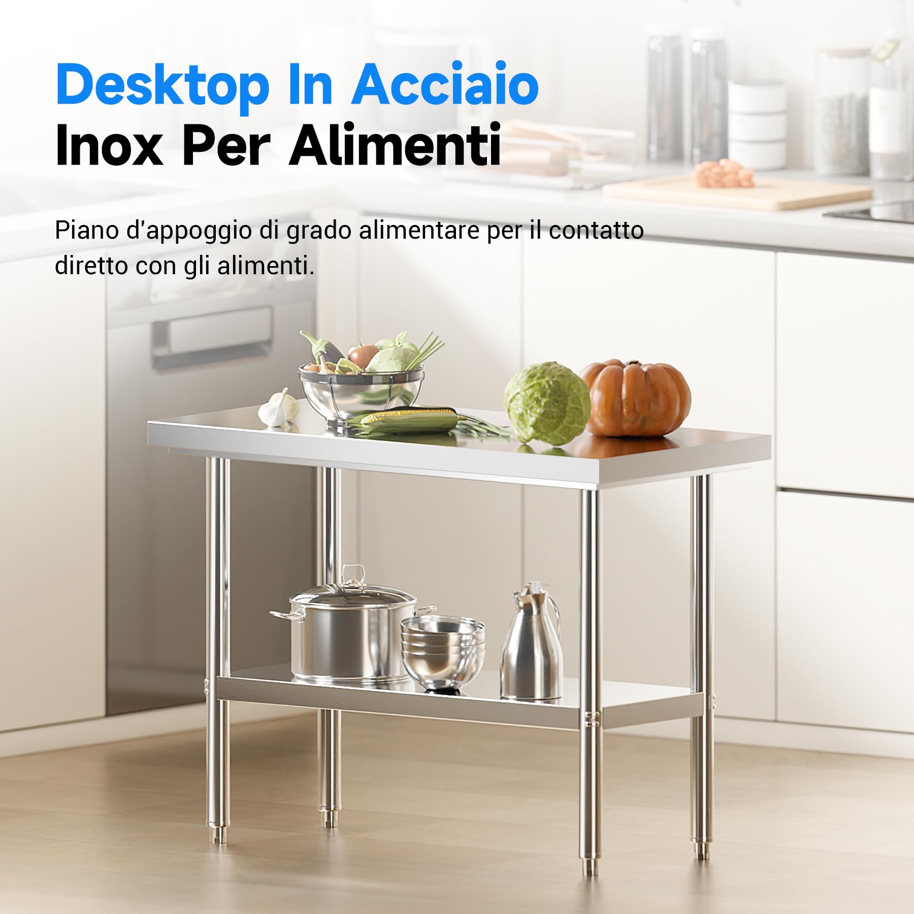 LEEVOT Tavolo da Cucina Professionale in Acciaio Inox, 2 Ripiani in Legno e Acciaio, per Cucine Professionali, Laboratori, Ristoranti e Bar, Capacità di Carico 150KG/100KG (120x80cm)