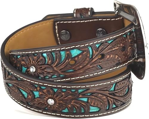 Miniatura 4 de ARIAT Cinturón floral marrón juvenil con incrustaciones de turquesa pintadas