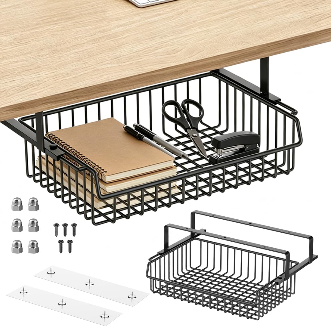 Cassetto organizer sottoscrivania in metallo 37×25×11cm nero, cesta portaoggetti da fissare sotto piano per ufficio casa scuola
