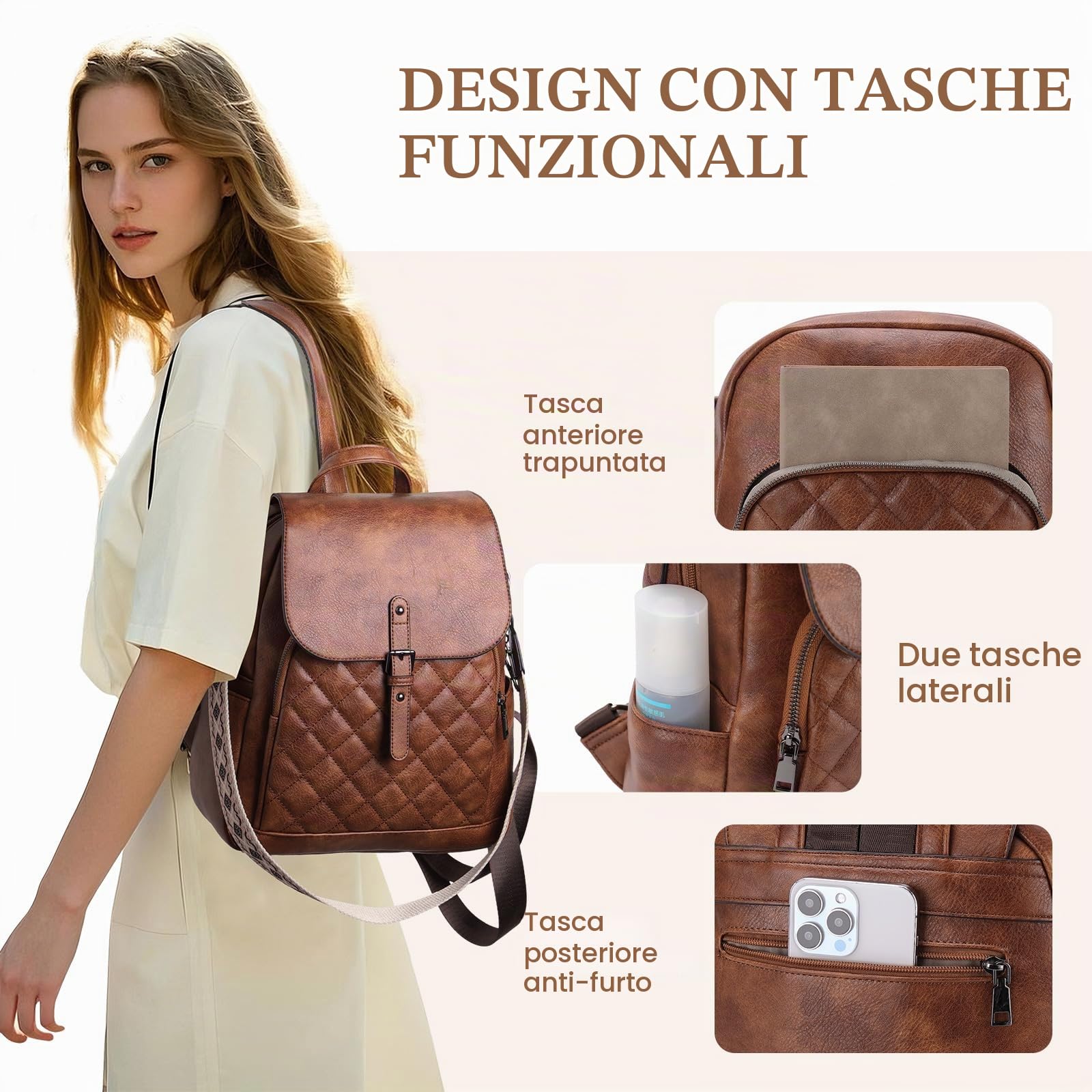 Chase Chic Borsa Zaino Donna, Zaino Antifurto Elegante Zaino Casual in Pelle Borsa a Tracolla Impermeabile per Scuola Viaggio Lavoro Shopping, Marrone