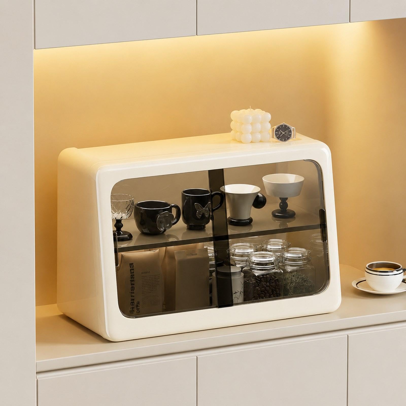 Desktop Aufbewahrungsregal mit Schiebetür Als Gewürzkorb Tassenablage Ablage für Kaffeezubehör Teeregal Mehrzweckregal für Büro Heimdekoration Und Arb, Weiß