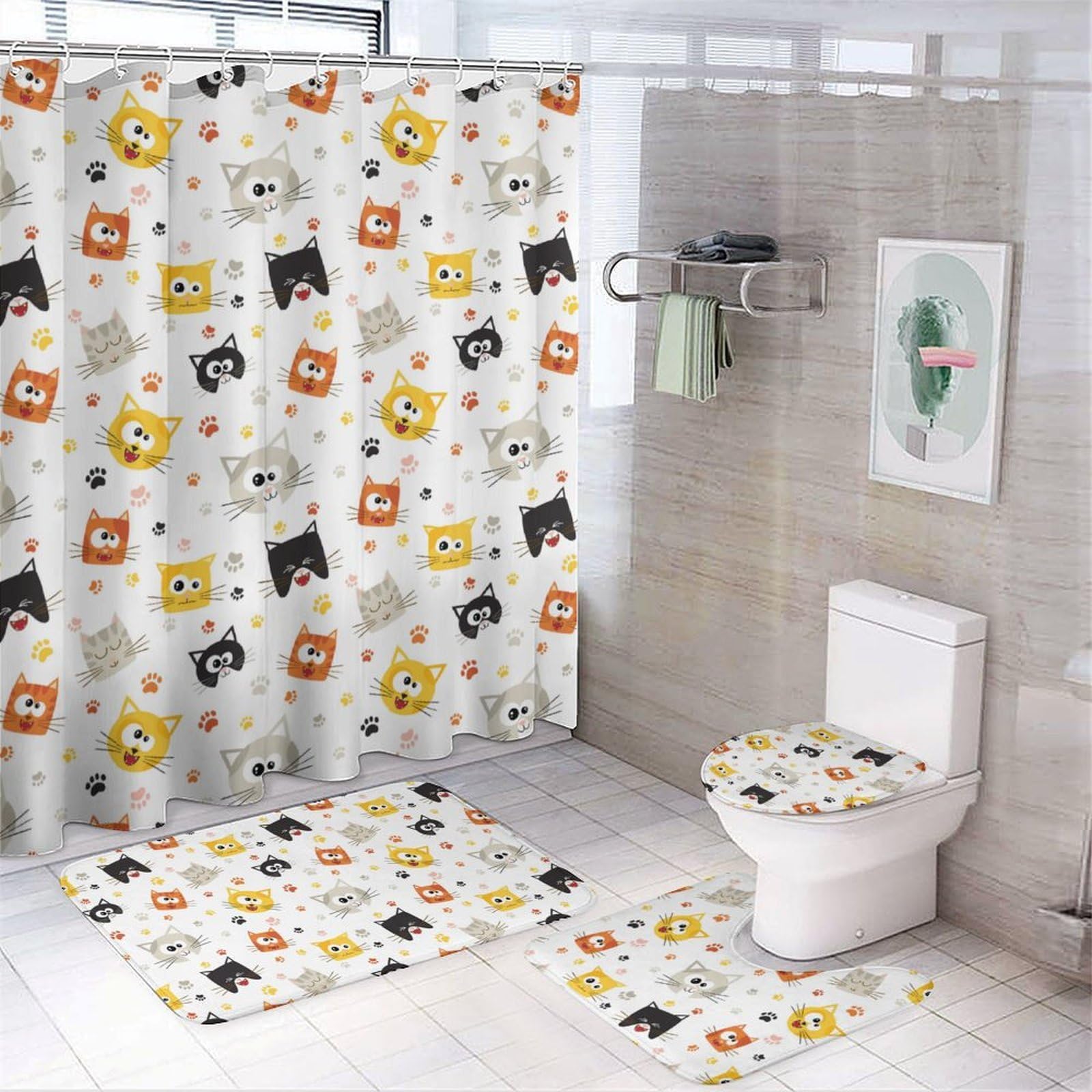 JZemdybill Bathroom Mat Set 4 Piece, Lovely Cartoon Cat Shower Curtain with Non-Slip Bath Mats for Bathroom