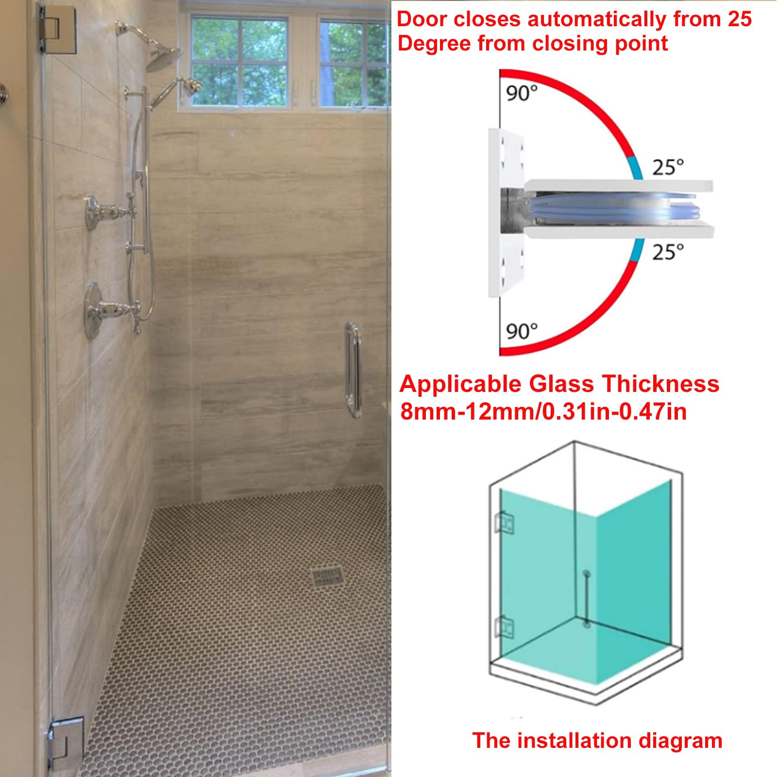 KAFENDA 90 Degree Shower Door Hinges Heavy Duty Frameless Glass Door Hinges Stainless Steel Bathroom Gate Clamp for 8-12mm Tempered Glass - Image 3