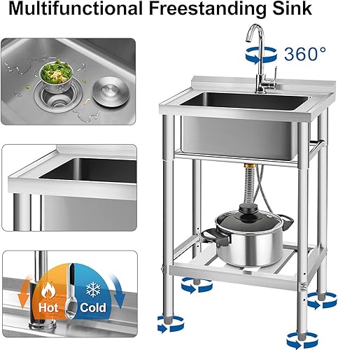 Miniatura 4 de YORKING Fregadero de acero inoxidable, fregadero de cocina de un solo tazón con tubo de agua fría y caliente para lavandería, granja, interior y